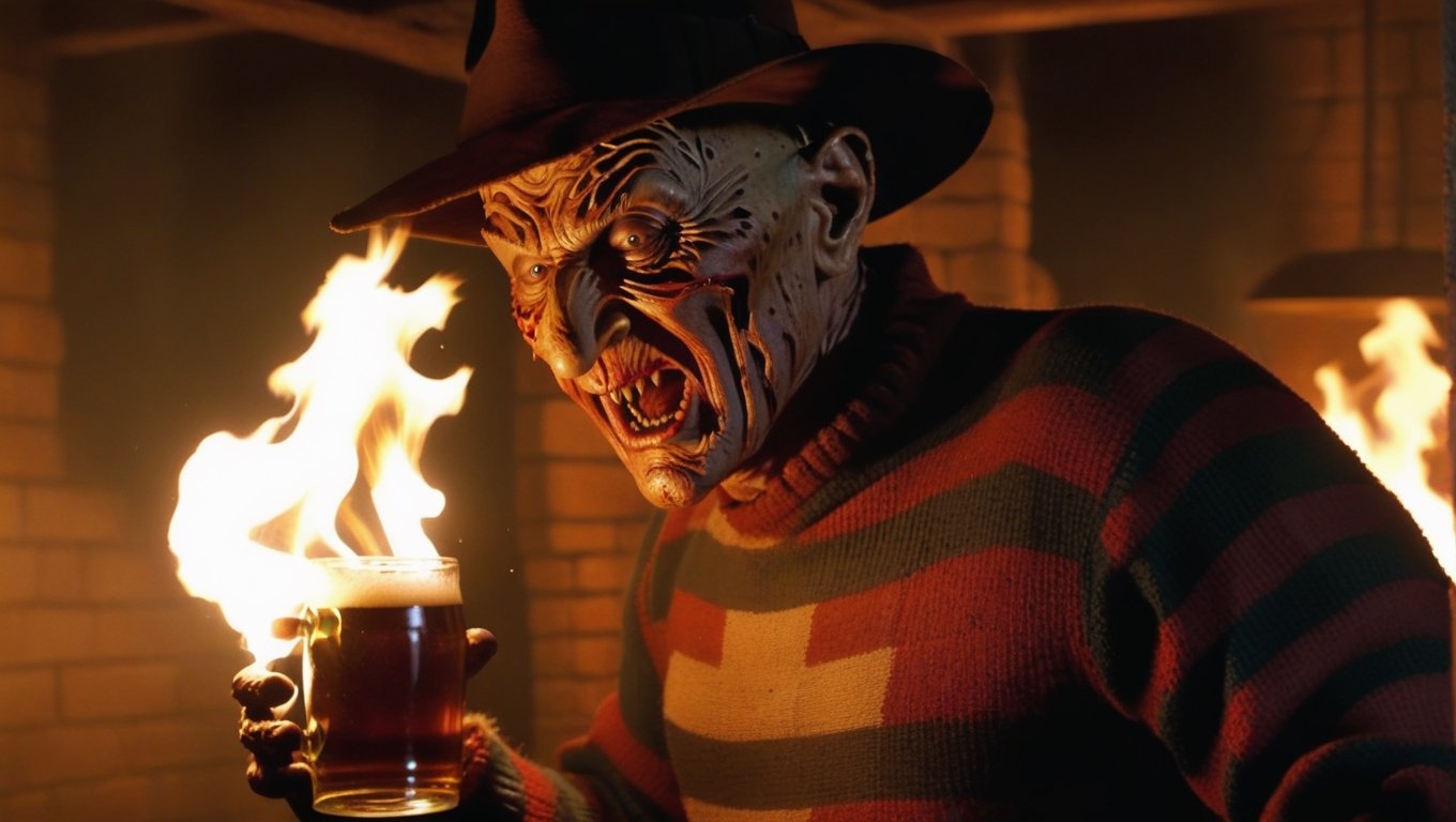 freddy krueger drinks beer from the jar in the boiler house,fire that looks like...,fire element