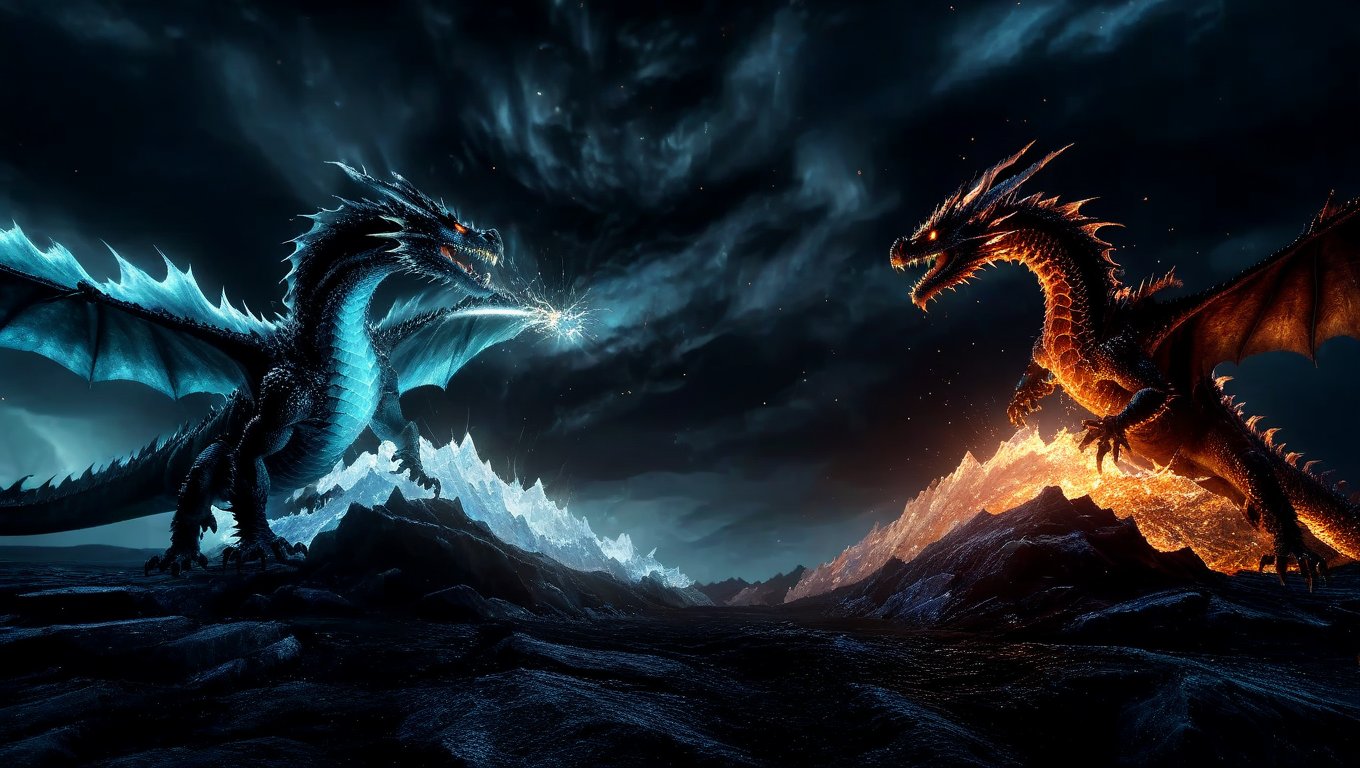 fire dragon and ice dragon fighting the sky, glowind cloud, storm, night, sparkling eyes, explosion,GLOWING,skyrimlandscapes,cinematic explosion style