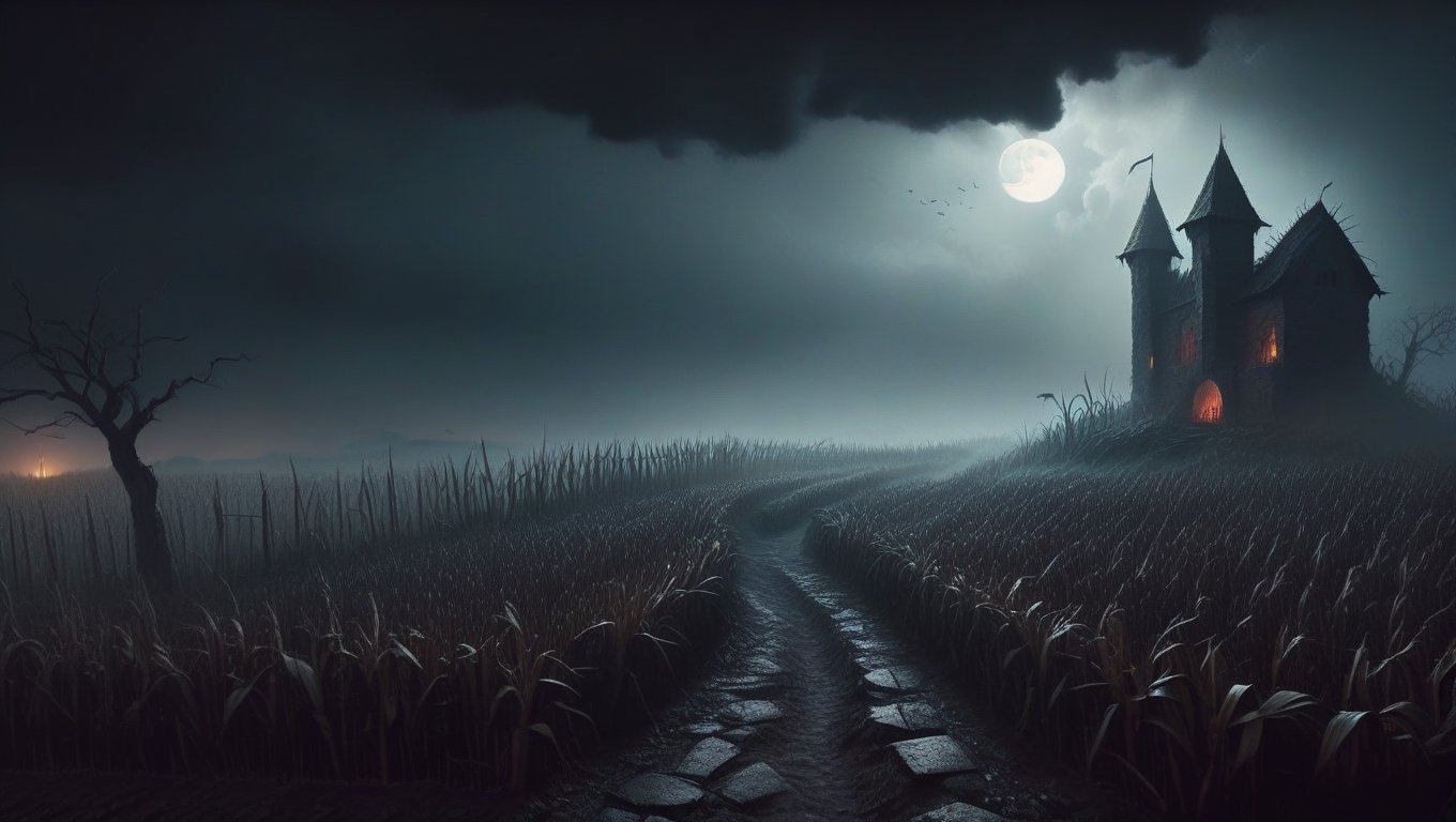 high detail Cornfield, ruined medieval stonewall, dark night, storm, rainy, cloud, bloodmoon, fog,scenery,CharcoalDarkStyle,DonMN1gh7XL ,donmcr33pyn1ghtm4r3xl  