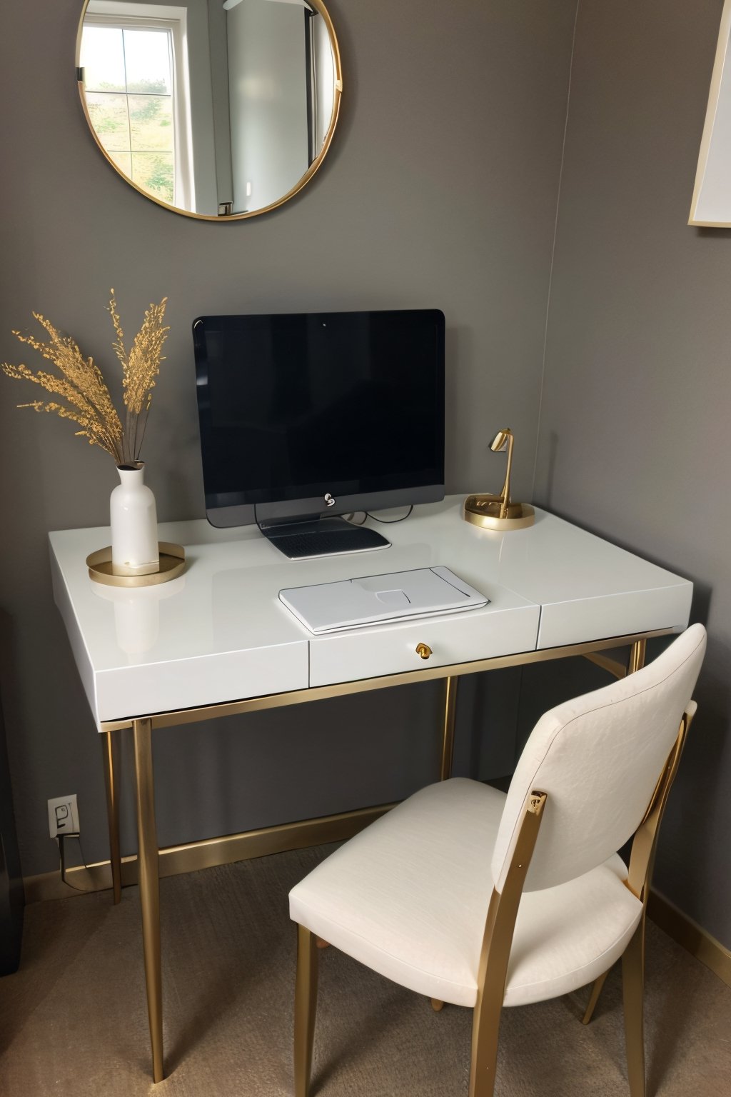 a white makuep desk with golden round mirror 