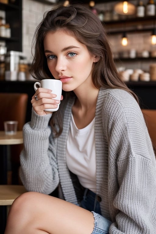 A beautiful European girl, wearing (short jeans), grey cardigan, sitting in a Café with (many people), enjoying her cappuccino, amazingly attractive, model, (pale white skin), long brunette hair, long eyelashes, pink lips, perfect skin texture, perfect body, (perfect hands), (perfect fingers), happy mood, (perfect pale blue symmetrical eyes), facing the viewer, photography, (photo-realistic:1.3), ultra realistic, highly detailed,perfect,hand