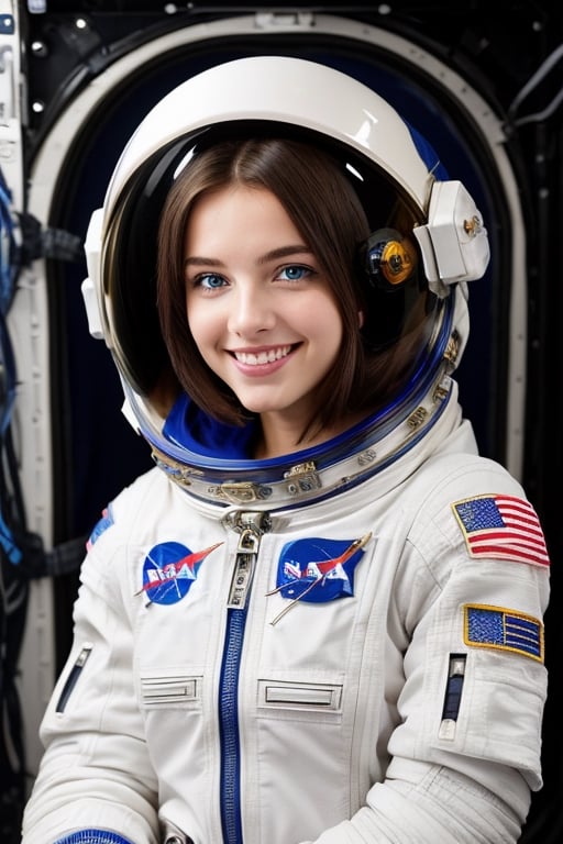 A beautiful girl, 18-year old (European girl), (symmetrical pale blue eyes), long brunette hair, (fair skin), seductive smile, (perfect white teeth), perfect body, wearing spacesuit, ((no helmet)), NASA space station, facing viewer, half body shot, photography, 12k, soft lighting, UHD, sharp focus, hyper-detailed