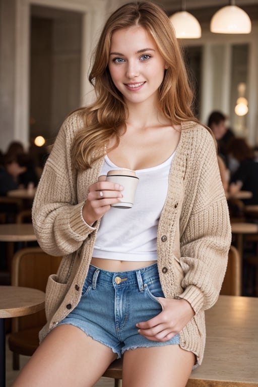 A beautiful European girl, super cute, long (strawberry blonde) hair, (detailed symmetrical cerulean eyes), wearing beige cardigan, (denim shorts), sitting in a Café with (many people), enjoying her cappuccino, facing viewer, seductive smile, amazingly attractive, (pale white skin), perfect skin texture, perfect body, perfect hips, (perfect hands), (perfect fingers), soothing tones, soft light, close-up, photography, (photo-realistic:1.3), ultra realistic, highly detailed