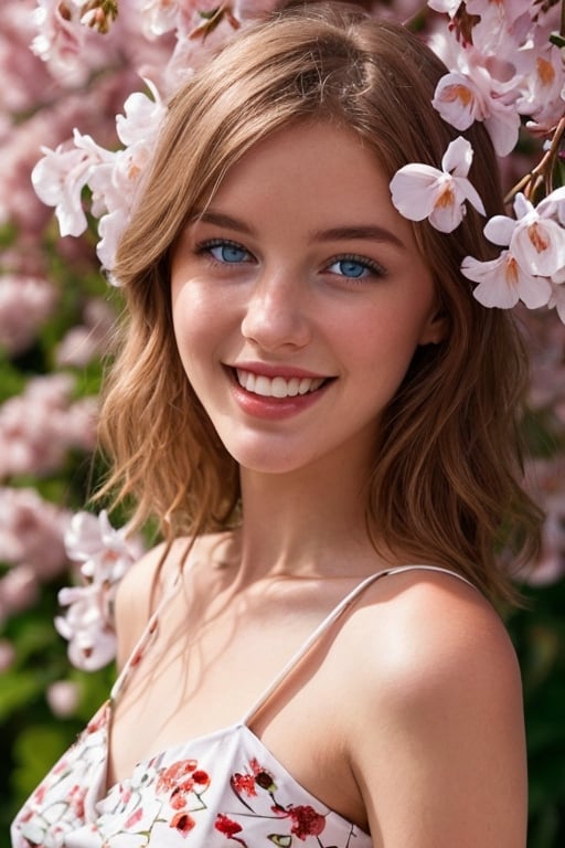 A beautiful girl, 18-year old European girl, (strawberry blonde hair with red tones), smiling, (perfect white teeth), perfect body, medium breasts, wearing a ((white floral pattern spaghetti strap dress)), walking in a garden lined with cherry blossoms, (perfect hands, perfect fingers), (detailed skin texture, visible skin texture, skin fuzz), facing viewer, perfect lighting, close-up, photography, 12k, UHD, hyper-detailed, (symmetrical pale blue eyes, perfect iris)