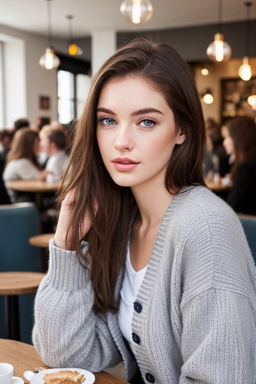 A beautiful European girl, wearing (short jeans), grey cardigan, sitting in a Café with (many people), amazingly attractive, model, (pale white skin), long brunette hair, long eyelashes, pink lips, perfect skin texture, perfect body, (perfect hands), (perfect fingers), happy mood, (perfect pale blue symmetrical eyes), facing the viewer, photography, (photo-realistic:1.3), ultra realistic, highly detailed,perfect