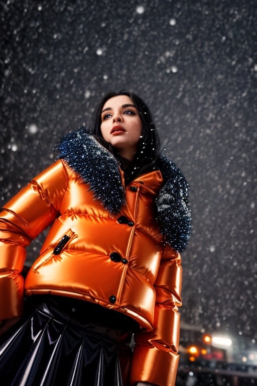 A beautiful girl, 18-year old European girl, (detailed beautiful blue eyes), long black hair, wearing ((orange vinyl puffer coat)), ((metallic micro skirt)), ((looking up the sky, hopeful)), (falling snow:1.4), nighttime, city lights, bokeh, aesthetic, close-up, side view, full body, professional photography, cinematic lighting, intricate details, high contrast, sharp focus, UHD, hyper-detailed,perfecteyes eyes