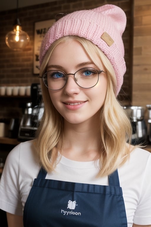 A beautiful blonde barista, 18-year old European girl, amazingly beautiful, (symmetrical pale blue eyes), smiling, (pale white skin:1.2), (long blonde hair:1.3), wearing (pink beanie, trendy eyeglasses, white t-shirt, apron), detailed beautiful face and eyes, natural skin texture, detailed skin texture, 8k, best quality, photo-realistic, ultra realistic, hyperdetailed, (coffee shop), soft lighting