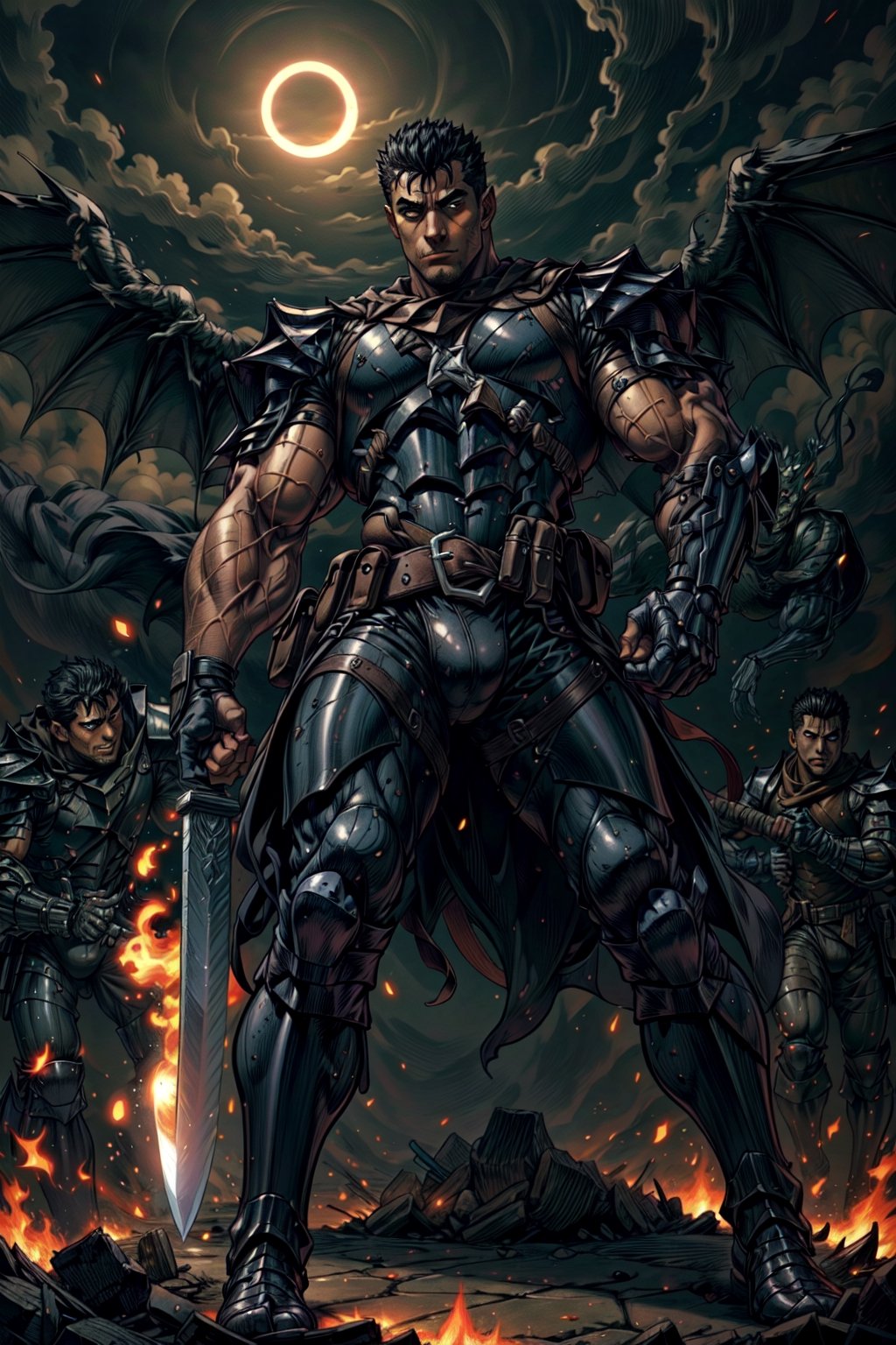 1boy, high detailed full body wide shot of "Guts" in his Berserker Armor from the manga by Kentaro Miura, swinging a giant (buster sword) that is twice his size, left arm is armored black in color and mechanical with a hidden weapon hi-tech, scar, scar on nose, weapon on back (8k, ultra-best quality, masterpiece: 1.2), ultra-detailed, best shadow, detailed hand, hyper-realistic portraits, (detailed background), glowing right eye. Godhand. Set him against a background of an eclipse in raging fire with black flames dancing in the backdrop, creating an inferno-like atmosphere. ((Perfect face)), ((perfect hands)), ((perfect body)), guts \(berserk\), one eye closed