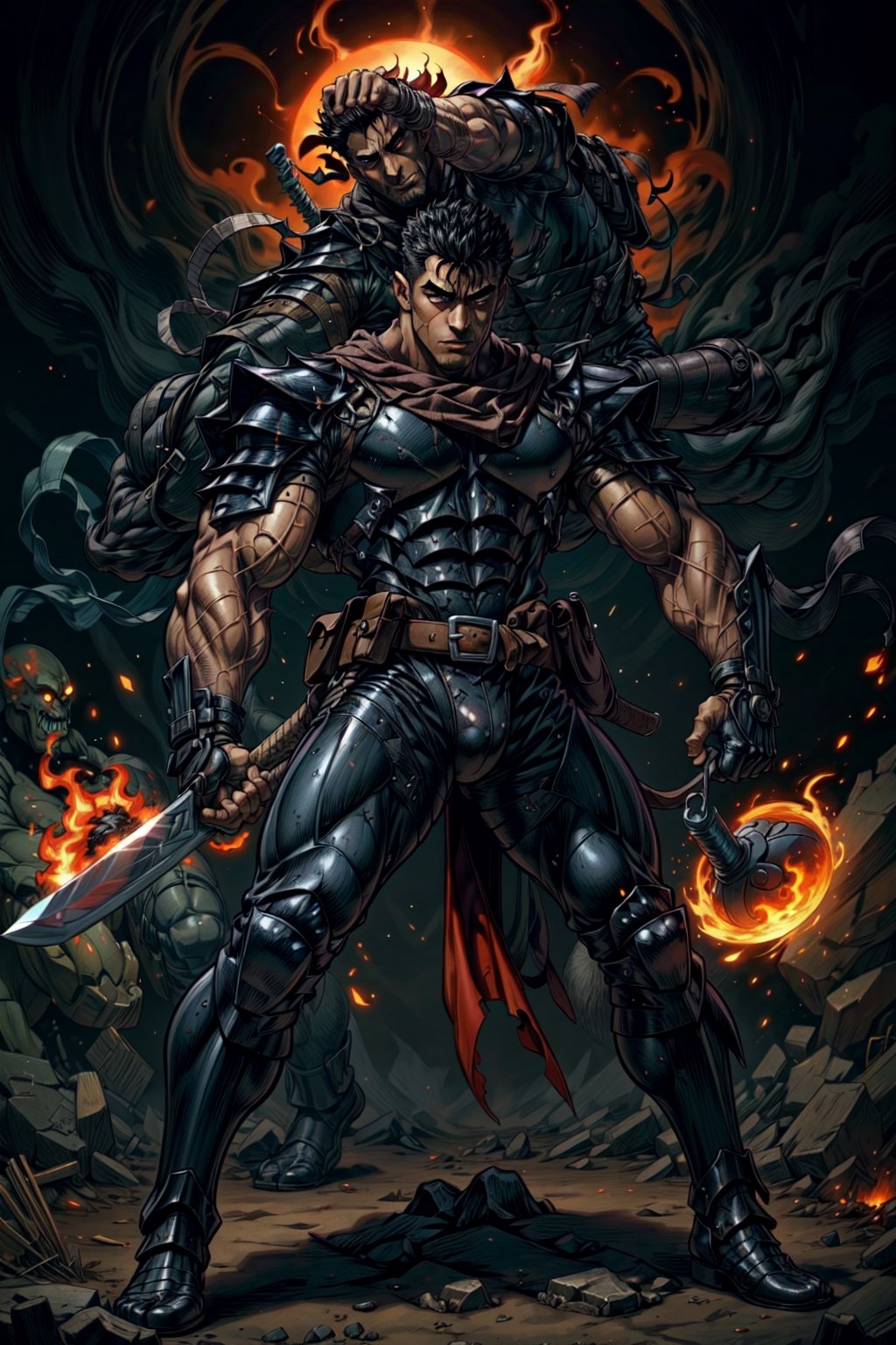 1boy, high detailed full body wide shot of "Guts" in his Berserker Armor from the manga by Kentaro Miura, swinging a giant (buster sword) that is twice his size, left arm is armored black in color and mechanical with a hidden weapon hi-tech, scar, scar on nose, weapon on back (8k, ultra-best quality, masterpiece: 1.2), ultra-detailed, best shadow, detailed hand, hyper-realistic portraits, (detailed background), glowing right eye. Godhand. Set him against a background of an eclipse in raging fire with black flames dancing in the backdrop, creating an inferno-like atmosphere. ((Perfect face)), ((perfect hands)), ((perfect body)), guts \(berserk\), one eye closed