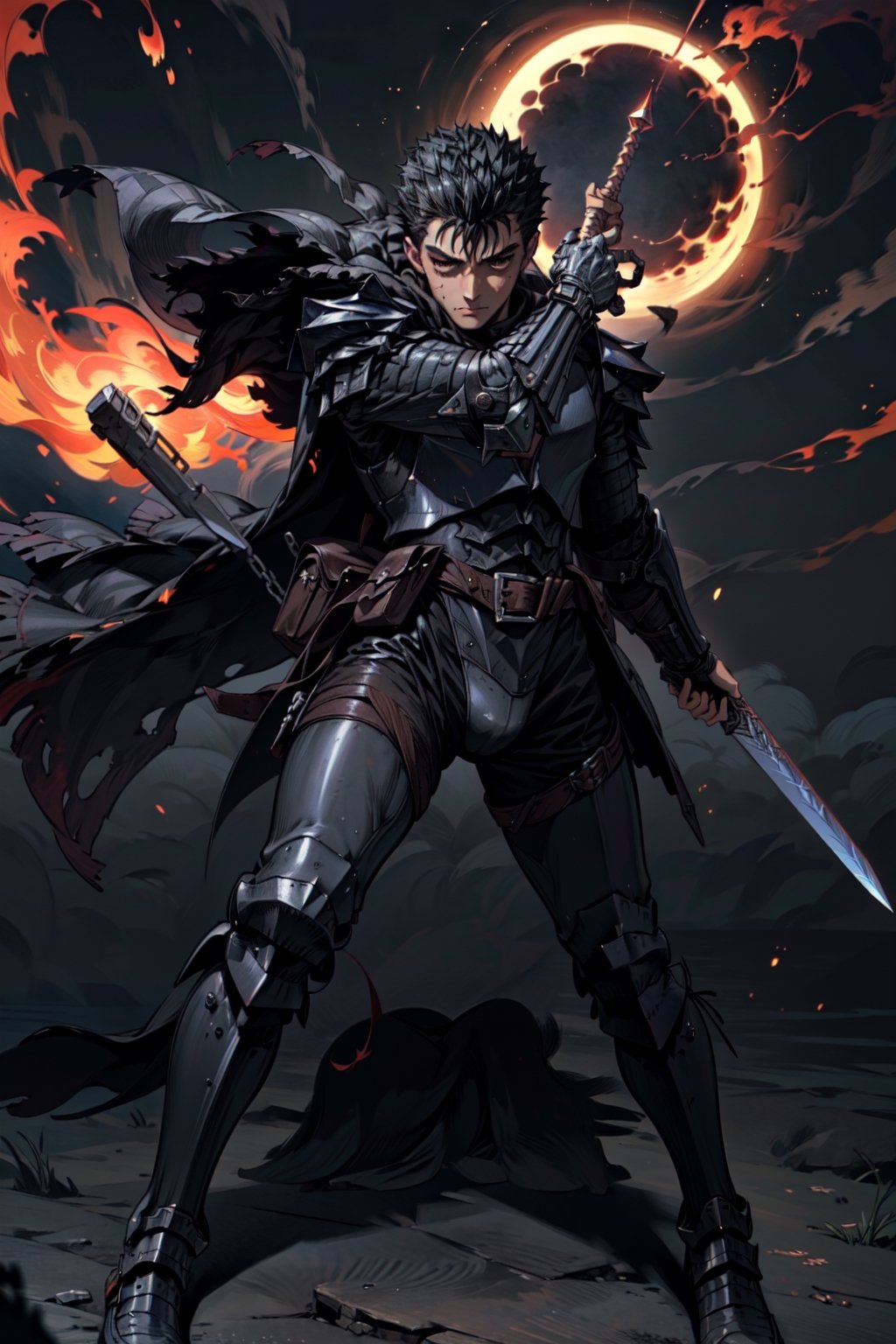 1boy, high detailed full body wide shot of "Guts" in his Berserker Armor from the manga by Kentaro Miura, swinging a giant (buster sword) that is twice his size, left arm is armored black in color and mechanical with a hidden weapon hi-tech, scar, scar on nose, weapon on back (8k, ultra-best quality, masterpiece: 1.2), ultra-detailed, best shadow, detailed hand, hyper-realistic portraits, (detailed background), glowing right eye. Godhand. Set him against a background of an eclipse in raging fire with black flames dancing in the backdrop, creating an inferno-like atmosphere. ((Perfect face)), ((perfect hands)), ((perfect body)), guts \(berserk\), one eye closed