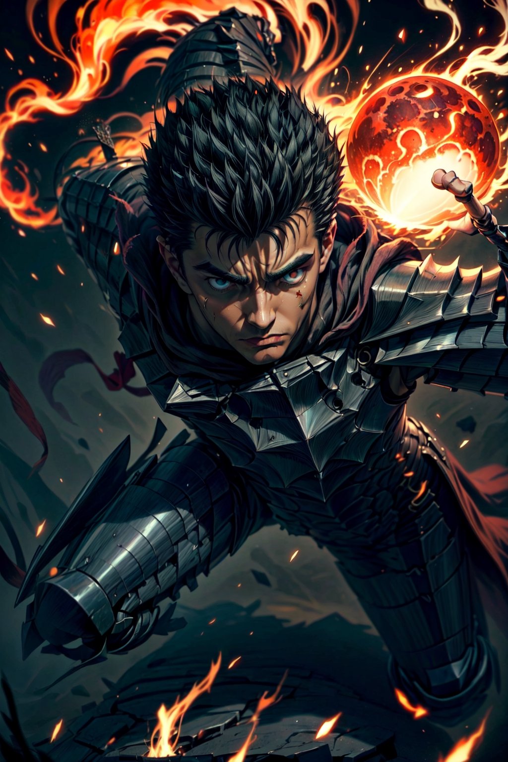 1boy, high detailed full body wide shot of guts \(berserk\) in his black Berserker Armor from the manga by Kentaro Miura, swinging a giant buster sword that is twice his size, left arm is armored and mechanical with a hidden weapon hi-tech, scar, scar on nose, weapon on back, cape (8k, ultra-best quality, masterpiece: 1.2), ultra-detailed, best shadow, detailed hand, hyper-realistic portraits, (detailed background), glowing right eye. Godhand red behelit. Set him against a background of an Eclipse Blood Moon in raging fire with black flames dancing in the backdrop, creating a hellish inferno-like atmosphere. ((Perfect face)), ((perfect hands)), ((perfect body)), one eye closed