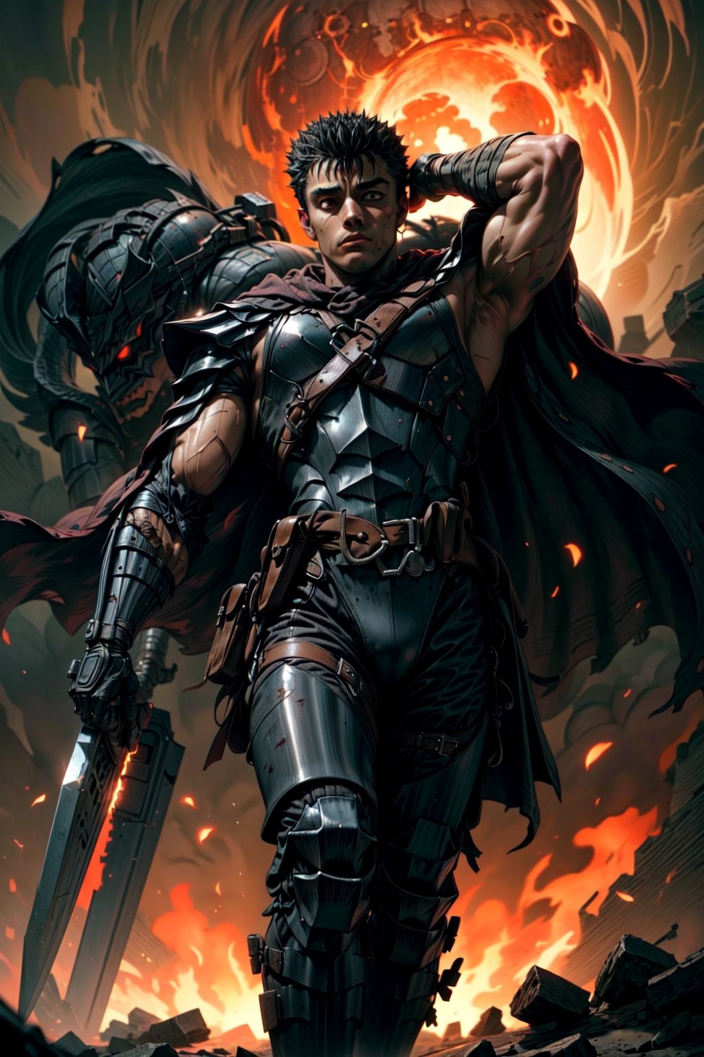 1boy, high detailed full body wide shot of guts \(berserk\) in his black Berserker Armor from the manga by Kentaro Miura, swinging a giant buster sword that is twice his size, left arm is armored and mechanical with a hidden weapon hi-tech, scar, scar on nose, weapon on back, cape (8k, ultra-best quality, masterpiece: 1.2), ultra-detailed, best shadow, detailed hand, hyper-realistic portraits, (detailed background), glowing right eye. Godhand red behelit. Set him against a background of an Eclipse Blood Moon in raging fire with black flames dancing in the backdrop, creating a hellish inferno-like atmosphere. ((Perfect face)), ((perfect hands)), ((perfect body)), one eye closed