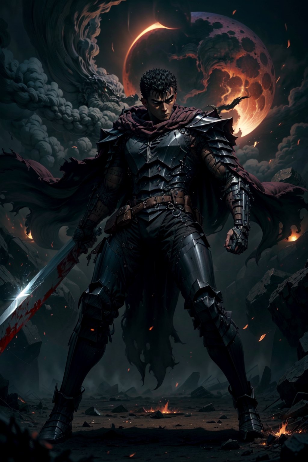 high detailed full body wide shot of 1boy guts \(berserk\) in his black Berserker Armor from the manga by Kentaro Miura, swinging a giant buster sword that is twice his size, left arm is armored and mechanical with a hidden weapon hi-tech, scar, scar on nose, weapon on back, cape (8k, ultra-best quality, masterpiece: 1.2), ultra-detailed, best shadow, detailed hand, hyper-realistic portraits, (detailed background), glowing right eye. Godhand red behelit. Set against a background of an Eclipse Blood Moon in raging fire with black flames dancing in the backdrop, creating a hellish inferno-like atmosphere. ((Perfect face)), ((perfect hands)), ((perfect body)), one eye closed