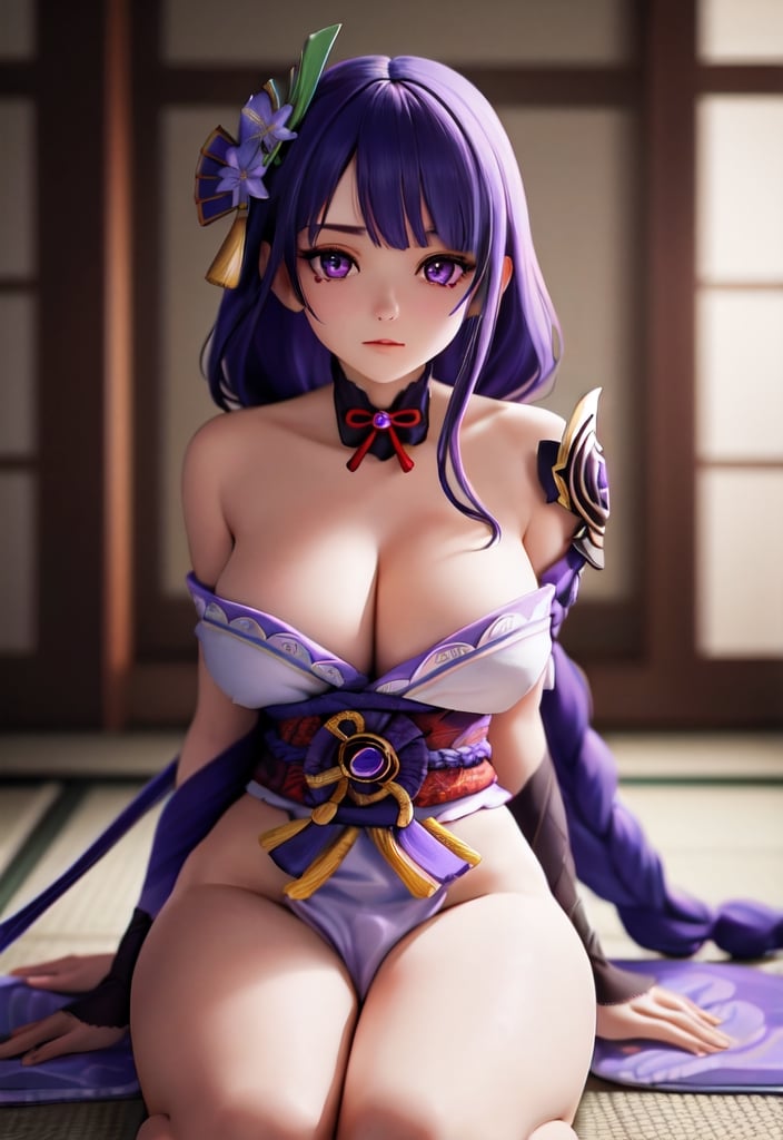 masterpiece, best quality, highres, pvc, render, fullbody, raiden shogun, braid, large breasts, hair flower, looking at viewer, long hair, purple hair, ribbon, mole, closed mouth, purple flower, nude, , hair ornament, , flower, armor, solo, purple eyes, cleavage, nude, 1girl, upper body, solo, , sitting moon, kyoushitsu, moon,  leg shape,masturbate,sfw_nudity,raidenshogundef