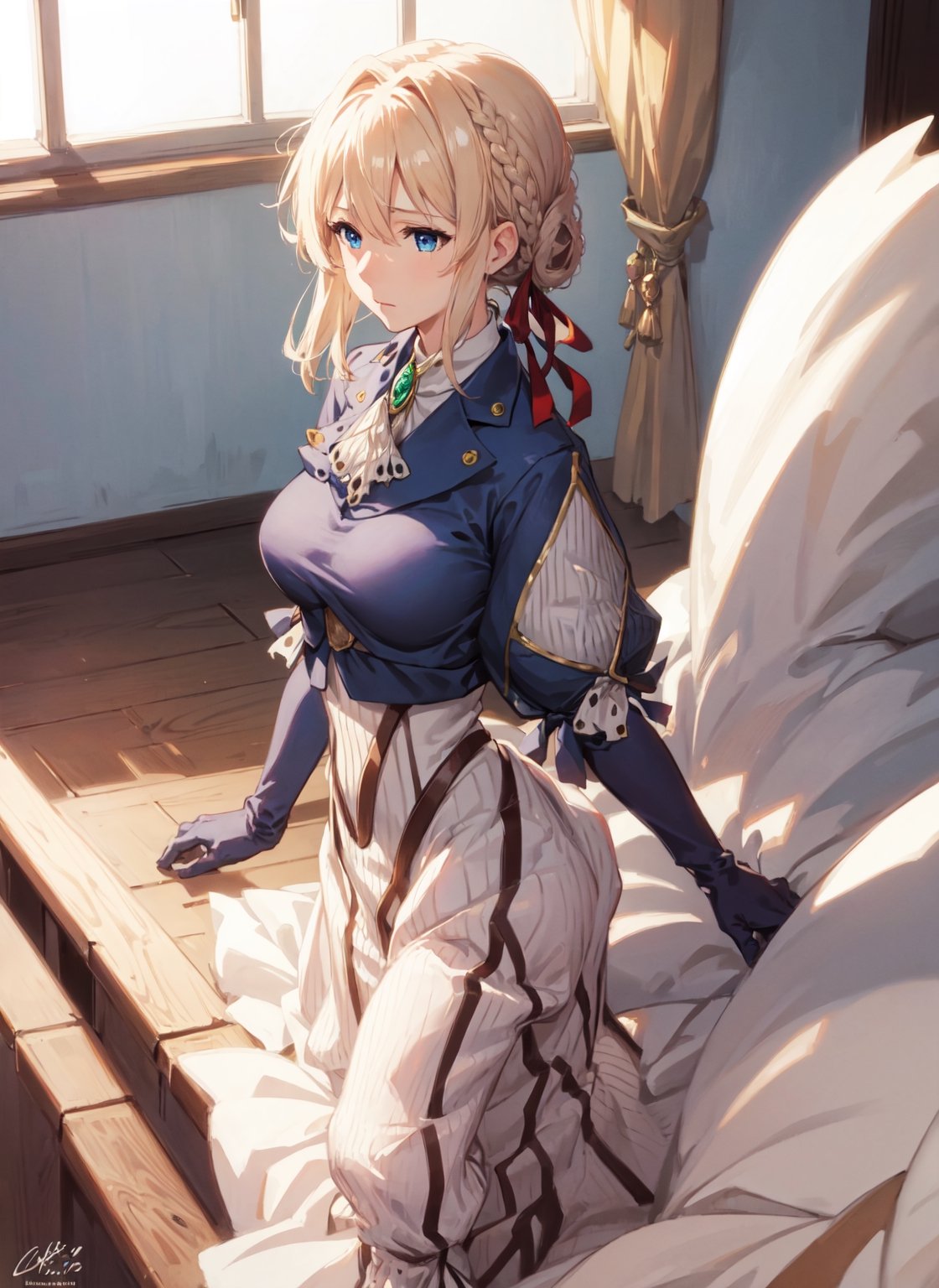 1 girl,solo,large breasts, nude, no clothes,female ejaculation,violet evergarden, blonde hair, blue eyes, hair ribbon, ribbon, short hair, braids, hair braids, red ribbon, mature female
