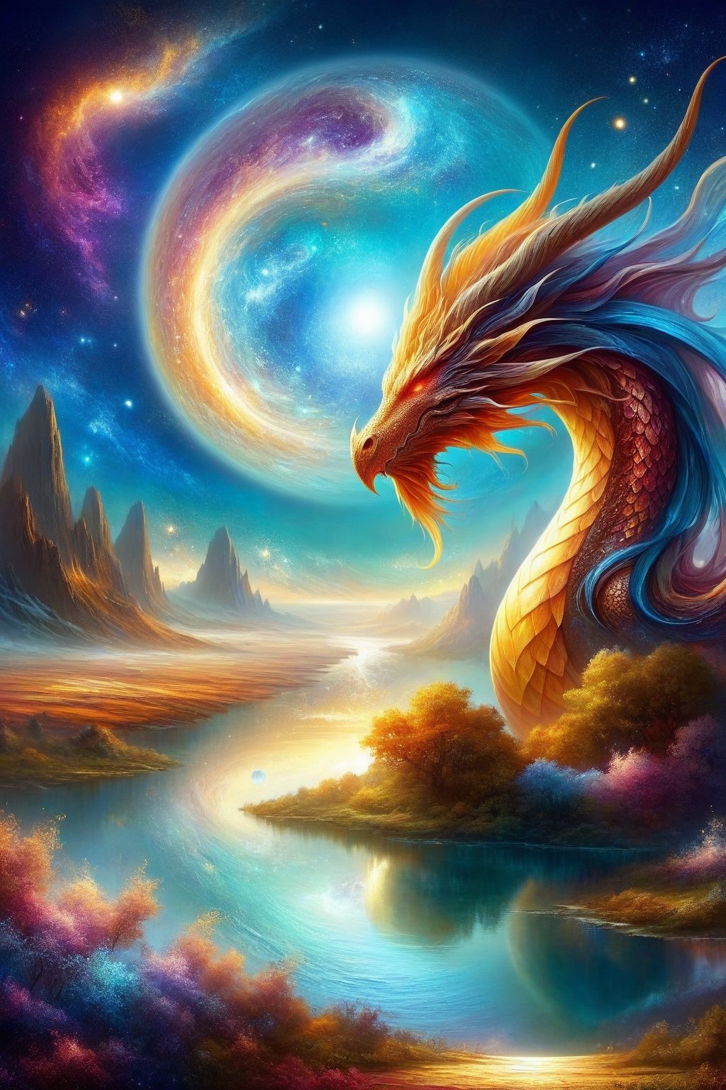 draco_fantasy, (mystic dragon:1.5), (sky), cosmic background, fantasy, stands in a mystical landscape under a celestial sky