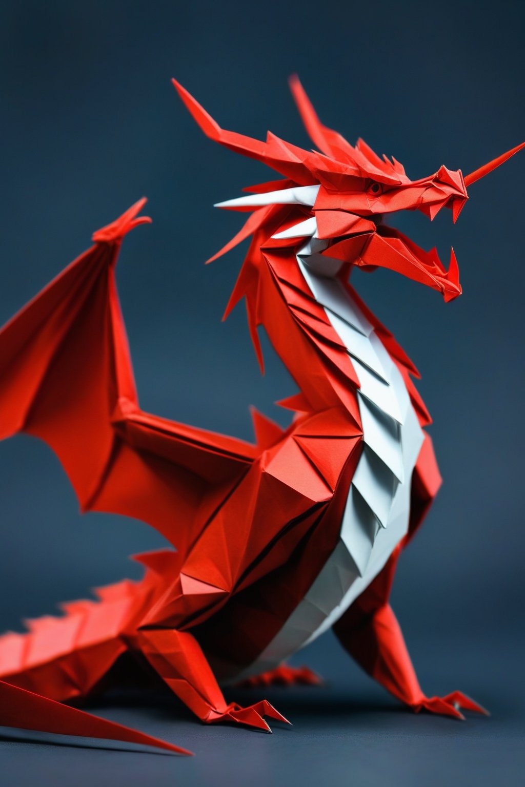 A majestic dragon, origami, open mouth, fangs, red dragon, spikes, scales, grey background, full body, simple background, draco_fantasy