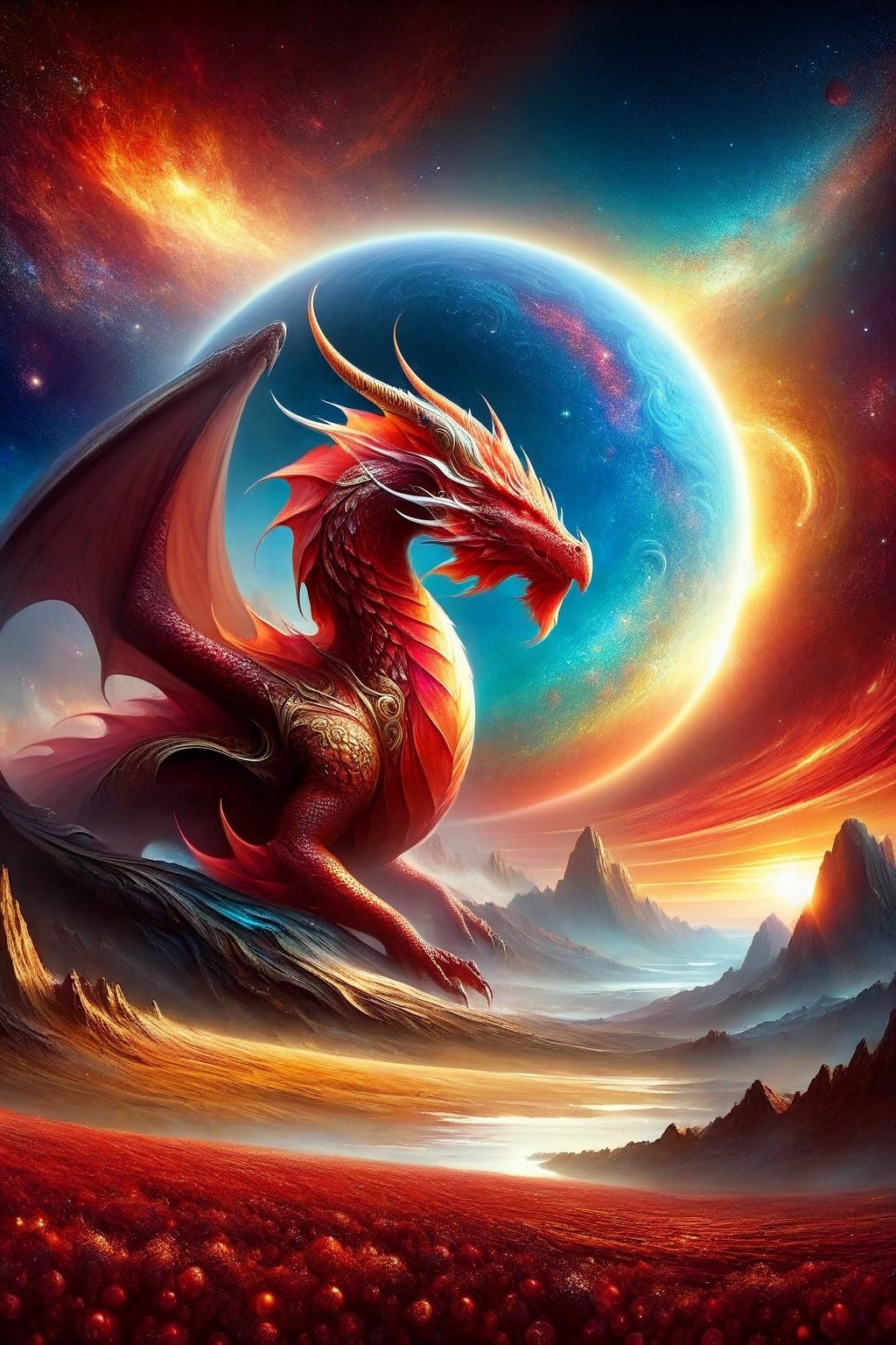 draco_fantasy, (mystic dragon:1.5), red dragon, orbs, (sky), cosmic background, fantasy, stands in a mystical landscape under a celestial sky