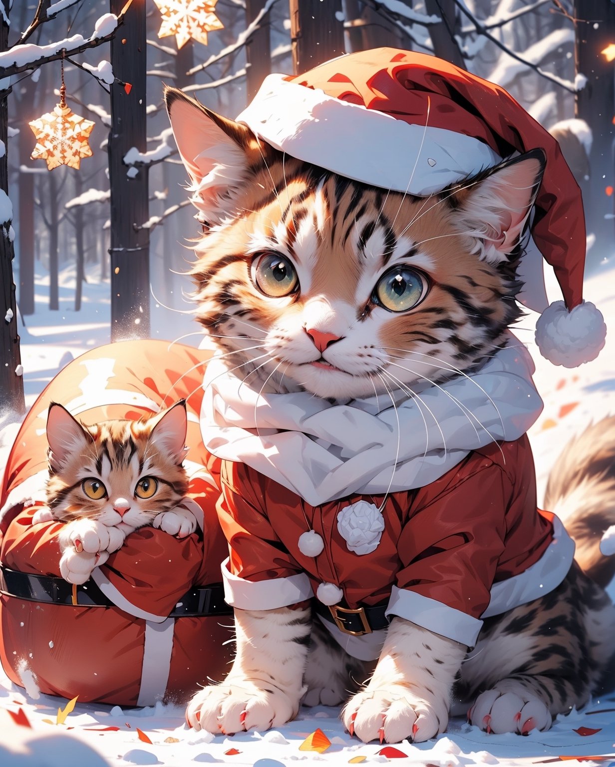 1cat, kitten, animal, chibi, cute, no humans, solo, snowy forest, snow flake lights, (((santa costume, red costume))), christmas accessories,Animal,High detailed ,Animal Photography,Wild Life, sitting straight, 4k, hdr, high_resolution, highly detailed body, masterpiece, fresh,Realistic,Raw photo,3DMM,cat