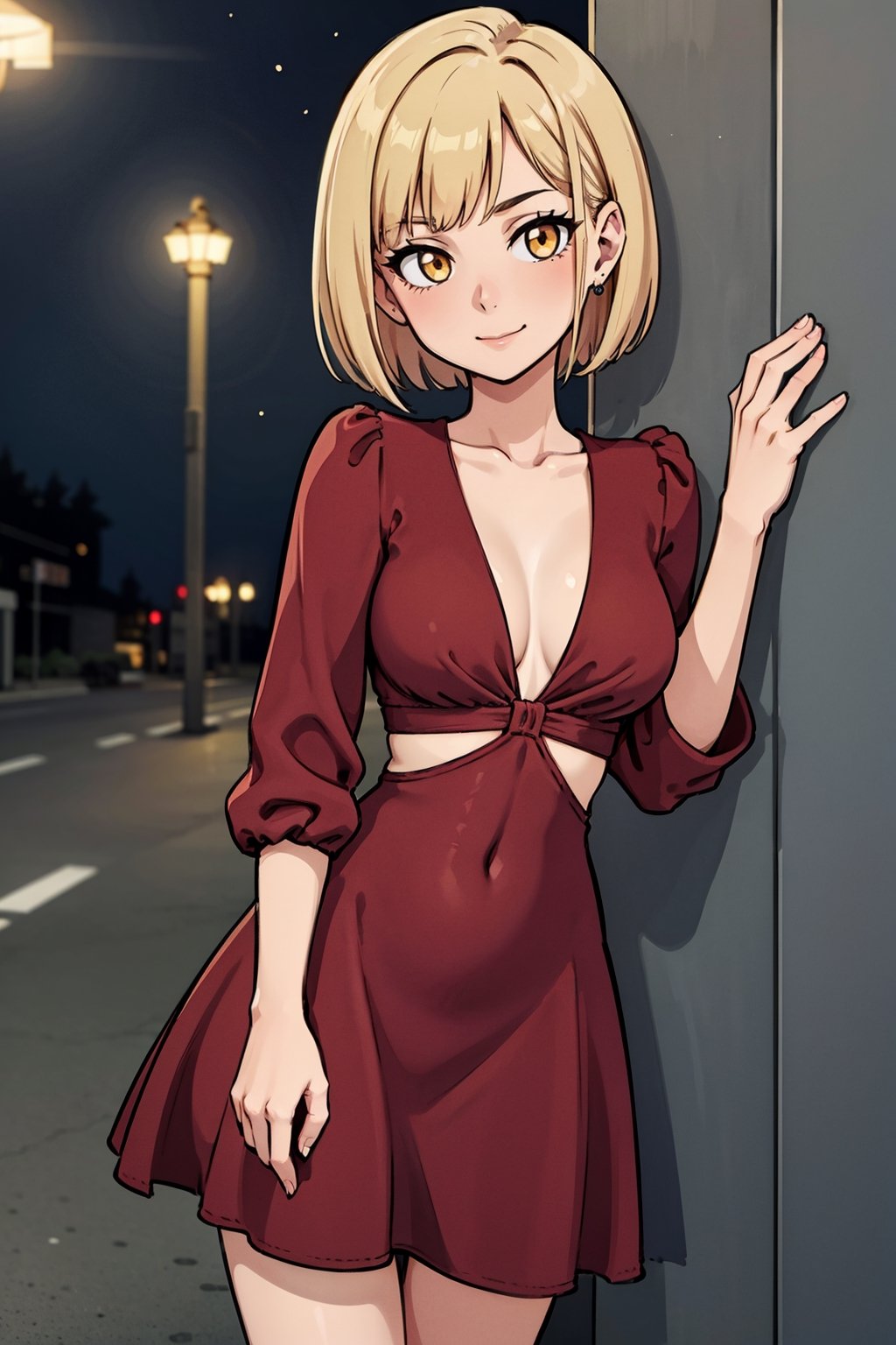 navia_gi, a girl with yellow eyes, short hair, blonde hair, beautiful woman, perfect body, perfect breasts, Pamela dress, (red dress:1.2), cowboy_shot, standing, against a wall, leaning on the wall, night time, street lamps, lights, light particles, depth of field, innocent girl, gentle smile, looking at the audience, masterpiece, super detailed, high detail, high quality, best quality, 1080p, 16k,Pamela dress,yoimiyadef