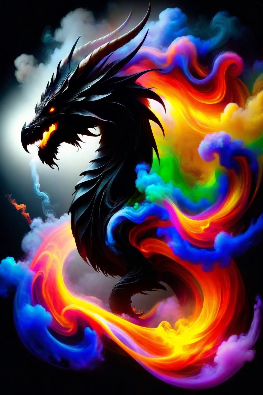 draco_fantasy, swirling dragon, black background, wavy, vibrant colours, simple background, (Mysterious and magical), colourful smoke and clouds