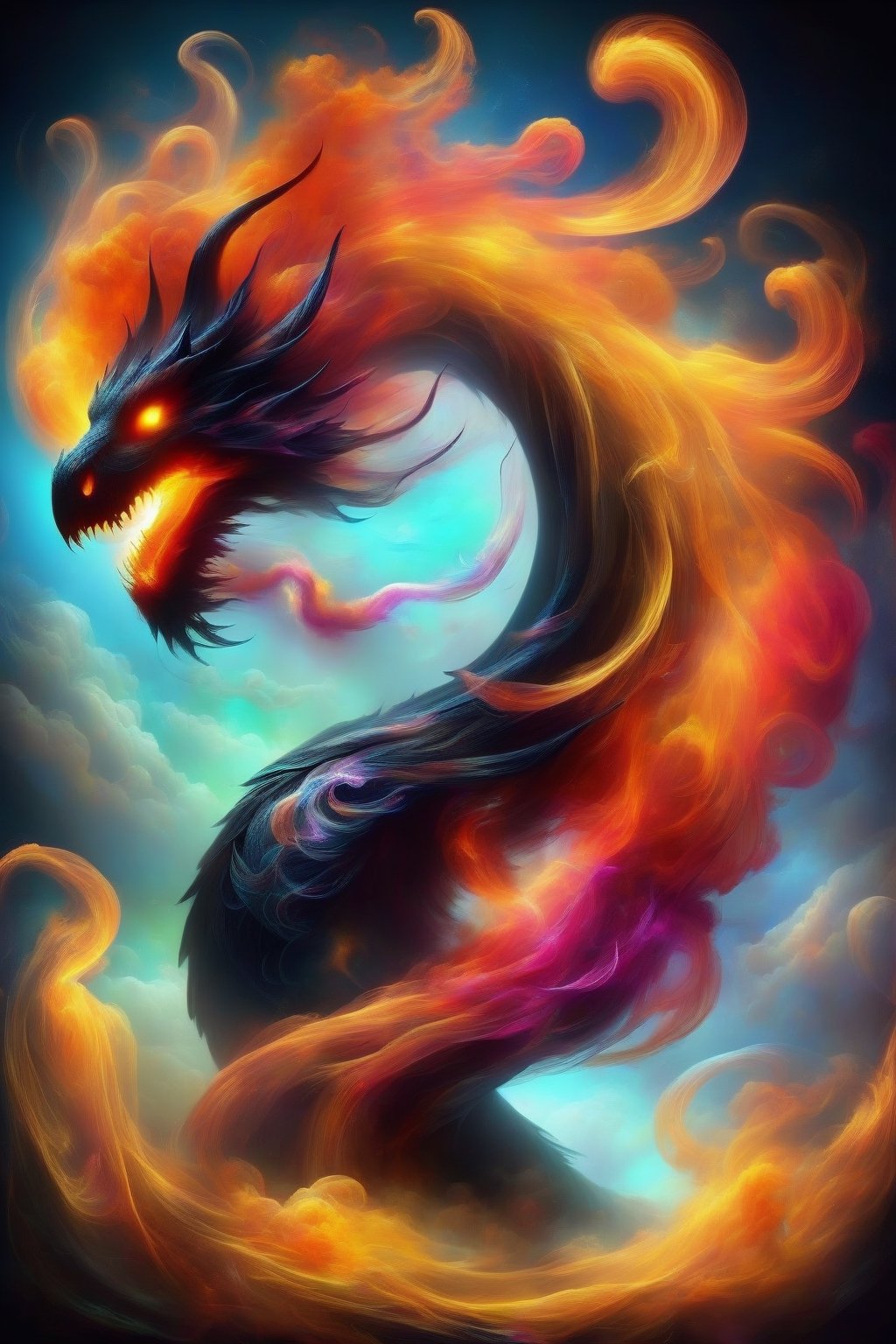 draco_fantasy, swirling dragon, black background, wavy, vibrant colours, simple background, (Mysterious and magical), colourful smoke and clouds