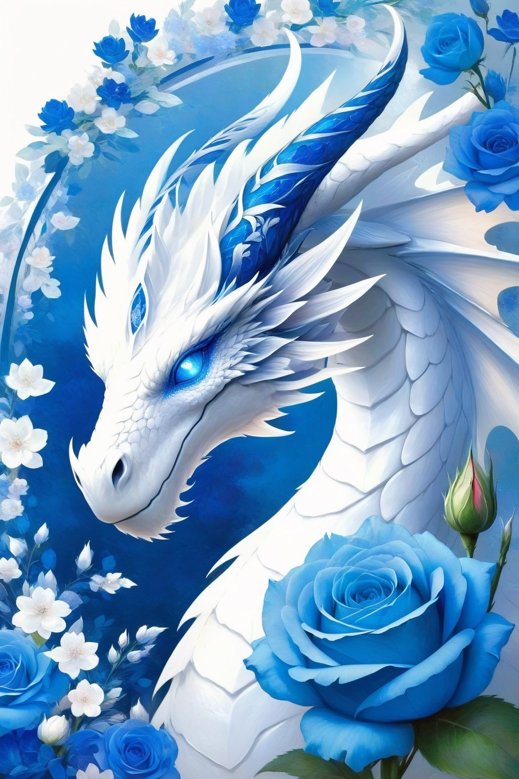  draco_fantasy, oil painting style, blue eyes, white dragon, blue flowers, rose, A dragon adorned with blossoming blue flowers, simple background, white background, symbolizing a blend of power and elegance