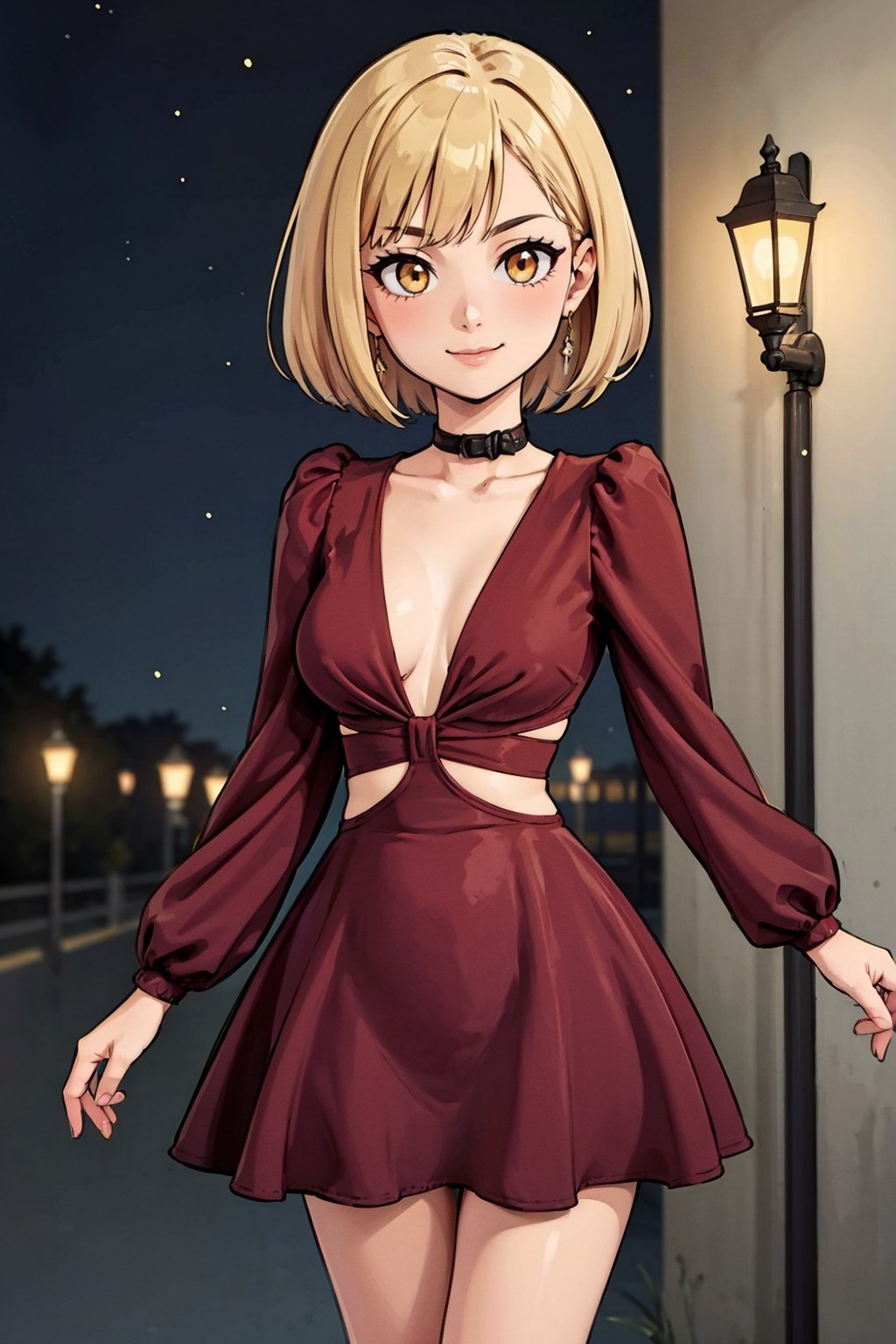 navia_gi, a girl with yellow eyes, short hair, blonde hair, beautiful woman, perfect body, perfect breasts, Pamela dress, (red dress:1.2), cowboy_shot, standing, against a wall, night time, street lamps, lights, light particles, depth of field, innocent girl, gentle smile, looking at the audience, masterpiece, super detailed, high detail, high quality, best quality, 1080p, 16k,Pamela dress,yoimiyadef