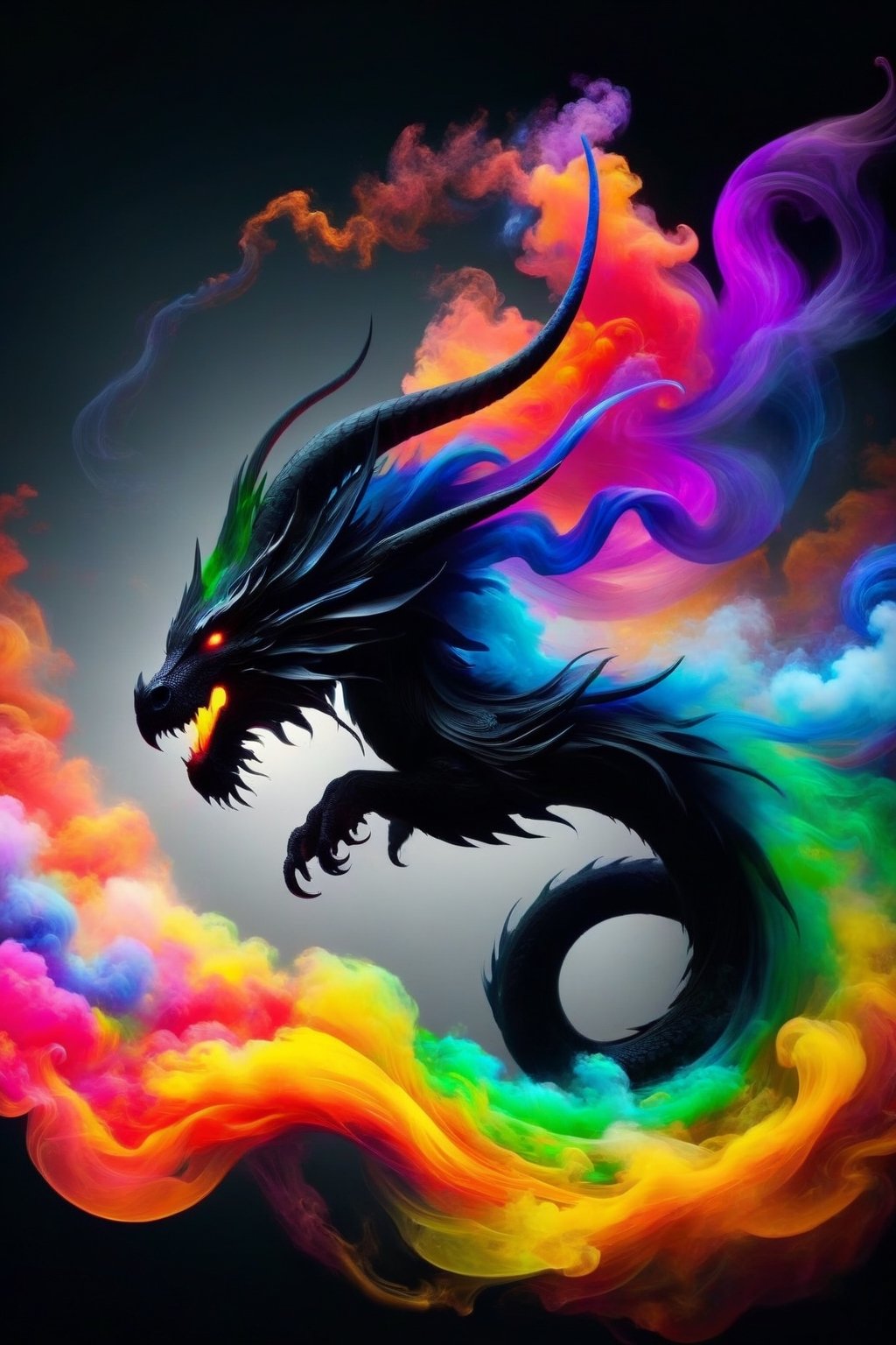 draco_fantasy, swirling dragon, black background, wavy, vibrant colours, simple background, (Mysterious and magical), colourful smoke and clouds