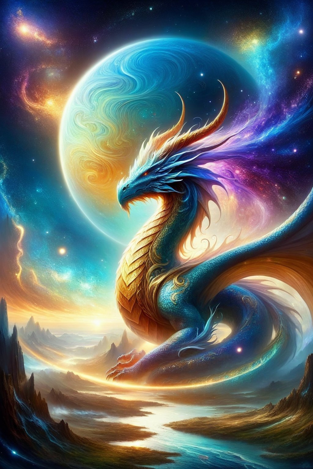 draco_fantasy, (mystic dragon:1.5), (sky), cosmic background, fantasy, stands in a mystical landscape under a celestial sky