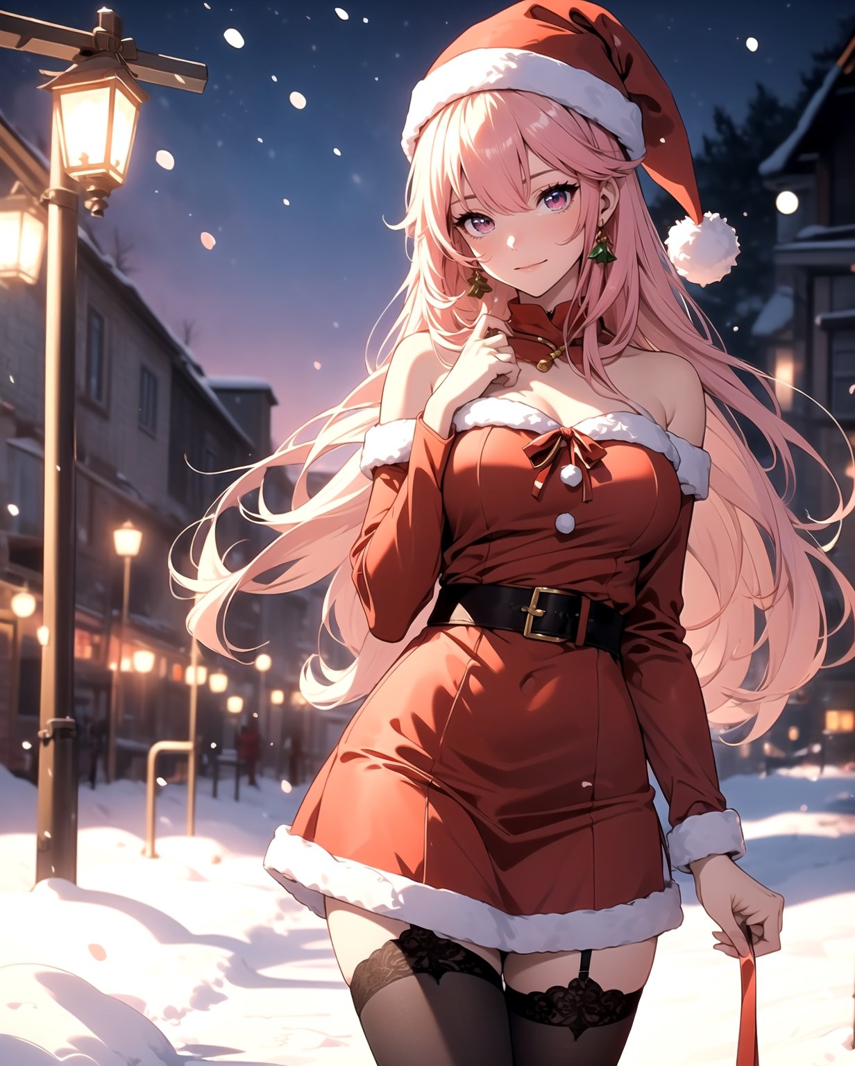 "anime girl, 1 person, bright red hair, shoulder length hair, dark red eyes, Santa hat, Santa tube costume, red dress, big breasts, discreet, stockings, holding Christmas gift box, Christmas gift box birth, snowfall, solo, front view, (full HD 4K+ photo)",semirealistic,yaemikodef,midjourney,1 girl