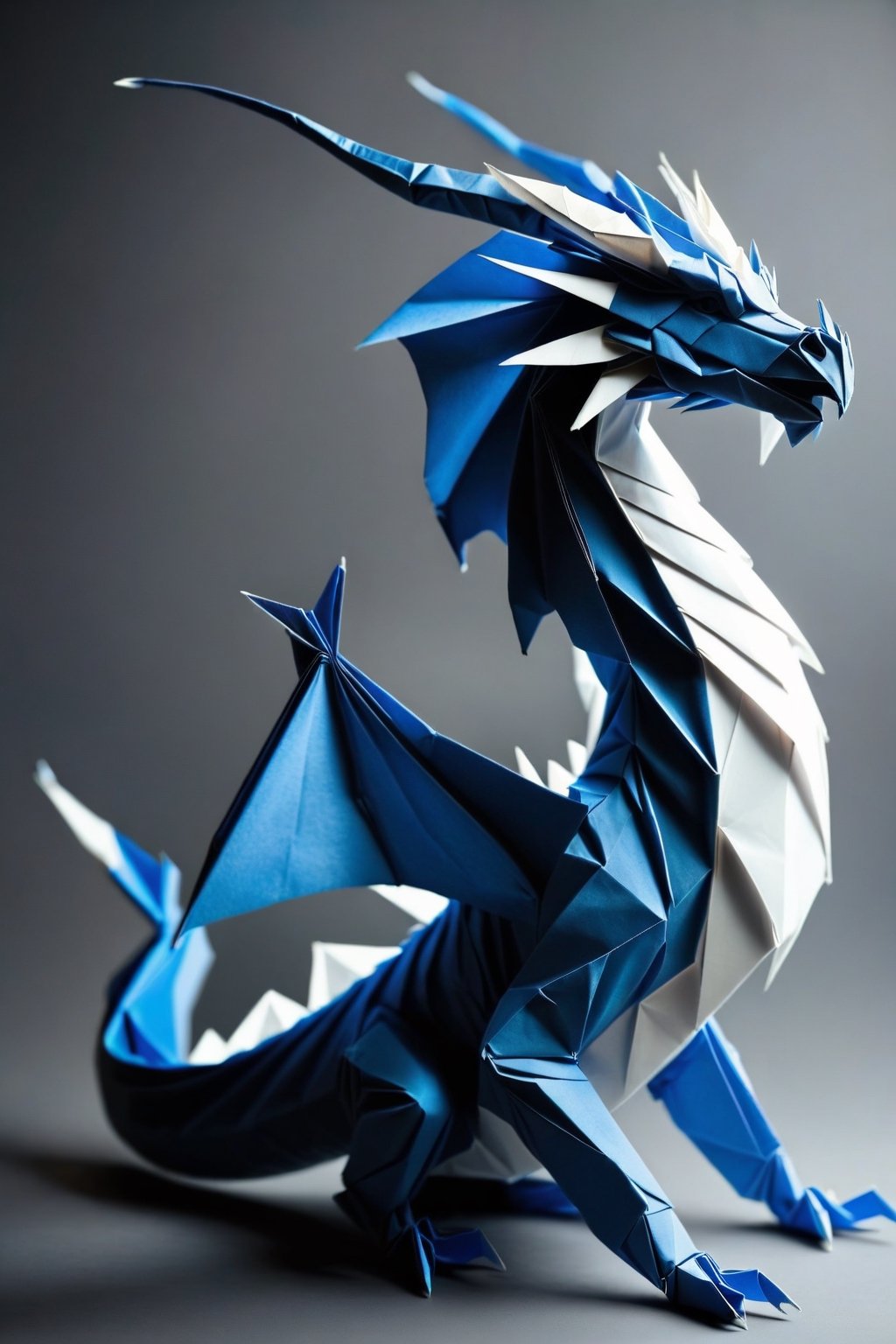 A majestic dragon, origami:1.2, grey background, full body, simple background, draco_fantasy