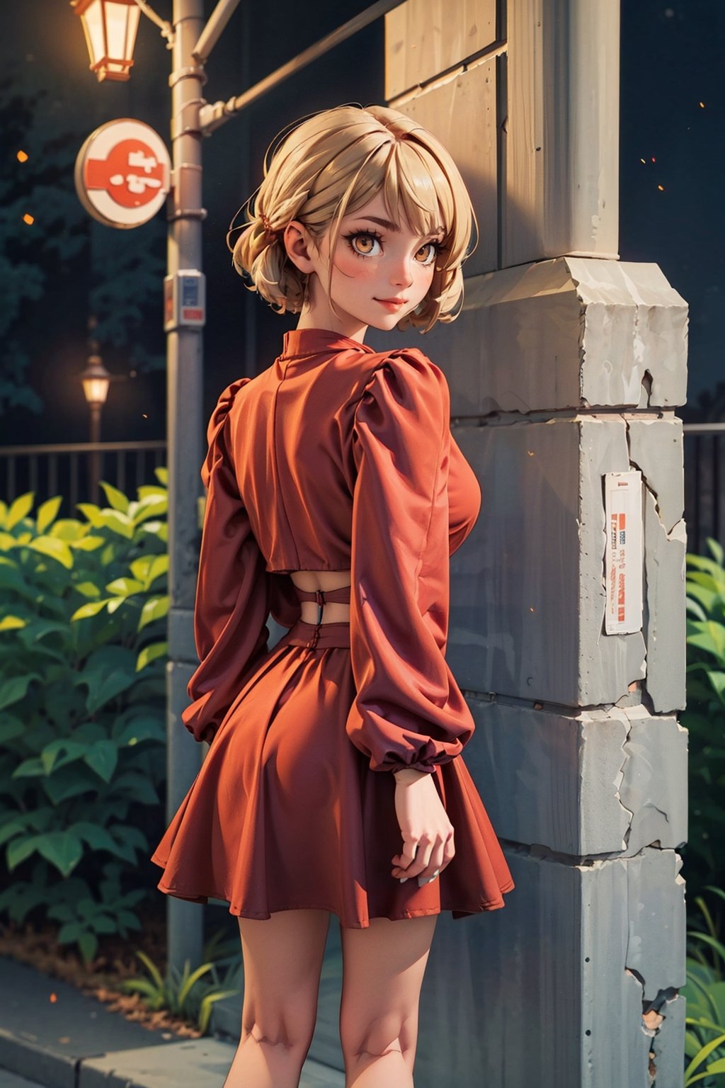 navia_gi, a girl with yellow eyes, short hair, blonde hair, beautiful woman, perfect body, perfect breasts, Pamela dress, (red dress:1.2), cowboy_shot, standing, back shot, against a wall, leaning on the wall, night time, street lamps, lights, light particles, depth of field, innocent girl, gentle smile, looking at the audience, masterpiece, super detailed, high detail, high quality, best quality, 1080p, 16k,Pamela dress,yoimiyadef