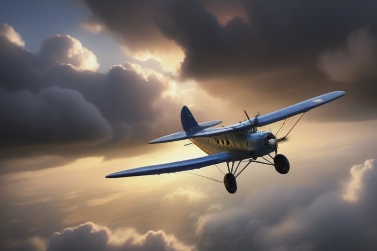 an Antonov AN-2 coming out of the clouds, dark and foreboding, Dusk and dynamic lighting.  in the style of  "Barry F Clark",EpicSky