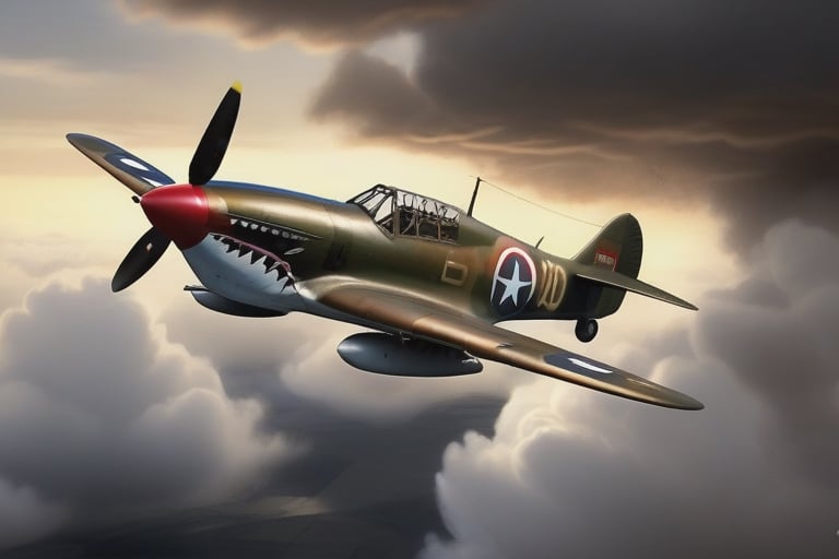 a Curtiss P-40 Warhawk coming out of the clouds, dark and foreboding, Dusk and dynamic lighting.  in the style of  "Barry F Clark", EpicSky