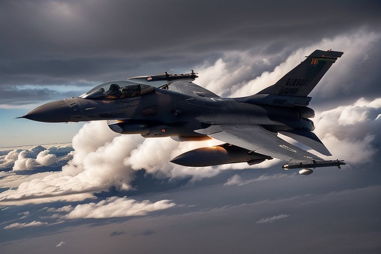 a General Dynamics f-16 coming out of the clouds, dark and foreboding, Dusk and dynamic lighting.  in the style of  "Barry F Clark", ,F16 FALCON