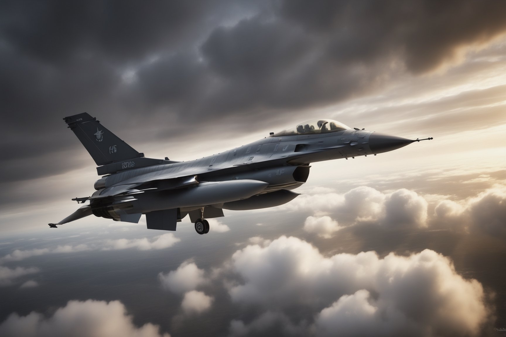 a General Dynamics f-16 coming out of the clouds, dark and foreboding, Dusk and dynamic lighting.  in the style of  "Barry F Clark", EpicSky