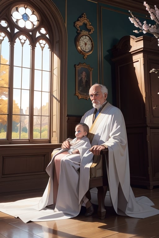 An infant wearing a bright silvery robe sits next to a grandfather_clock, inside a castle hall, through great windows you can see enchanting trees with spring flowers branches, sunrise, ,photorealistic