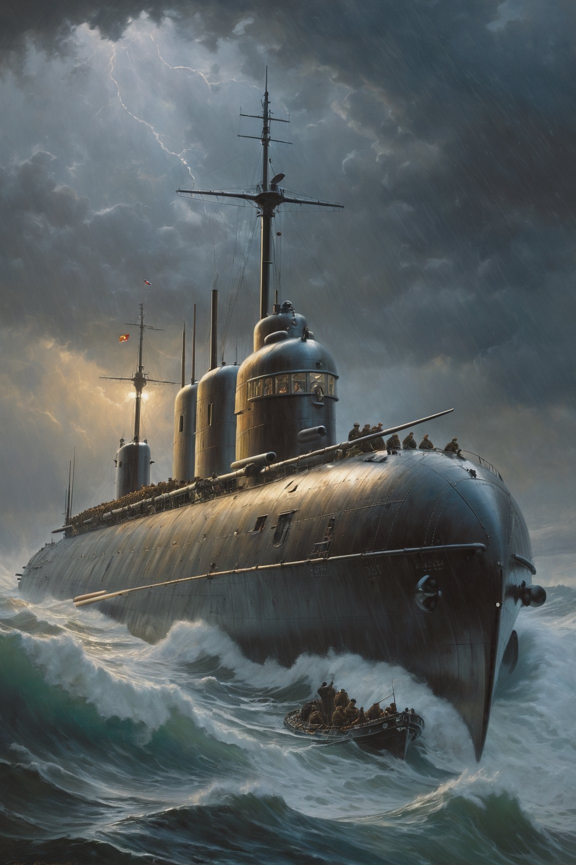 detailed full-length picture, masterpiece, best quality, ultra high resolution, visually stunning, beautiful, award-winning art, The German submarine U-81 (1941)  sails through a storm on a rainy evening, , sharp focus, studio photo, intricate details, highly detailed, by greg rutkowski, more detail XL, hyper detailed, realistic, oil painting, by julie bell, frank frazetta, cinematic lighting