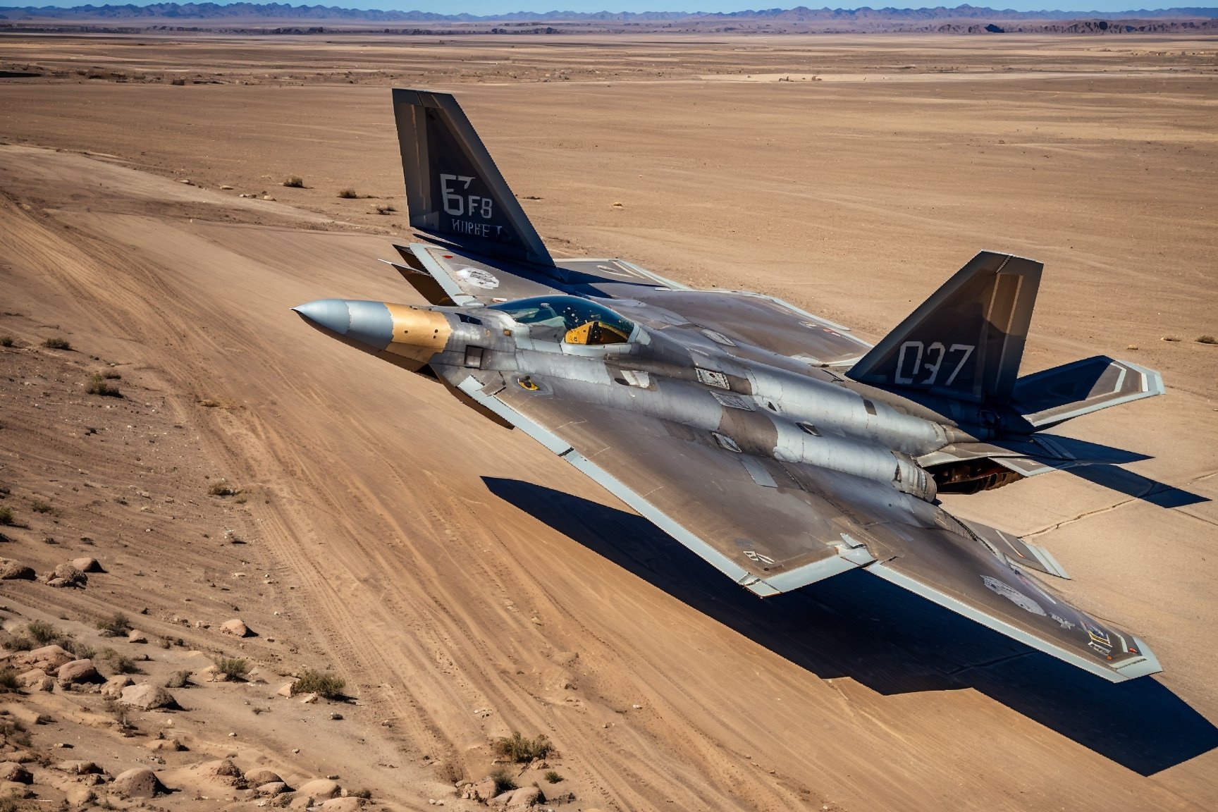 A shiny new Air Force Fighter sits on the tarmac in the Desert.,DonMCyb3rN3cr0XL ,F-22