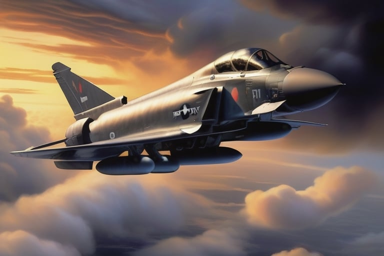 a McDonnell Douglas F-4 Phantom II coming out of the clouds, dark and foreboding, Dusk and dynamic lighting.  in the style of  "Barry F Clark", EpicSky