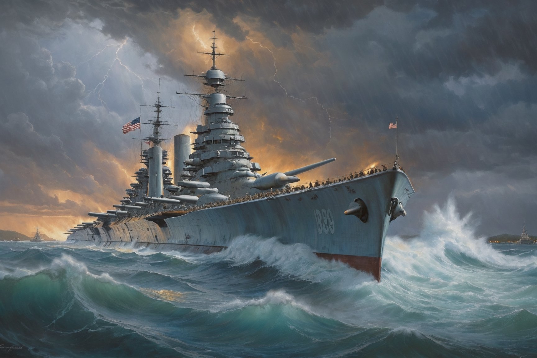 detailed full-length picture, masterpiece, best quality, ultra high resolution, visually stunning, beautiful, award-winning art, The Battleship USS Arizona (BB-39)  sails through a storm on a rainy evening, , sharp focus, studio photo, intricate details, highly detailed, by greg rutkowski, more detail XL, hyper detailed, realistic, oil painting, by julie bell, frank frazetta, cinematic lighting