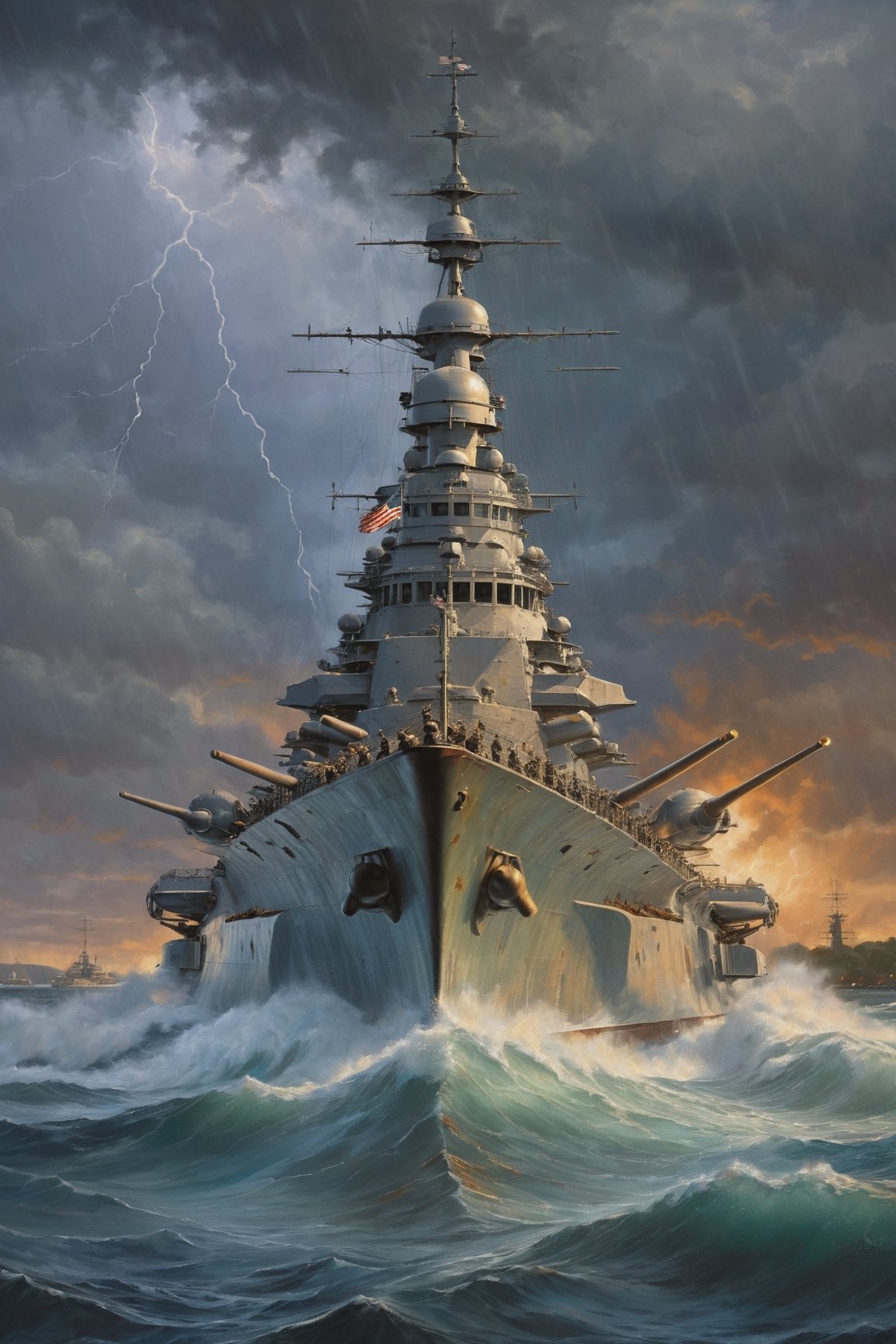 detailed full-length picture, masterpiece, best quality, ultra high resolution, visually stunning, beautiful, award-winning art, The Battleship USS Arizona (BB-39)  sails through a storm on a rainy evening, , sharp focus, studio photo, intricate details, highly detailed, by greg rutkowski, more detail XL, hyper detailed, realistic, oil painting, by julie bell, frank frazetta, cinematic lighting