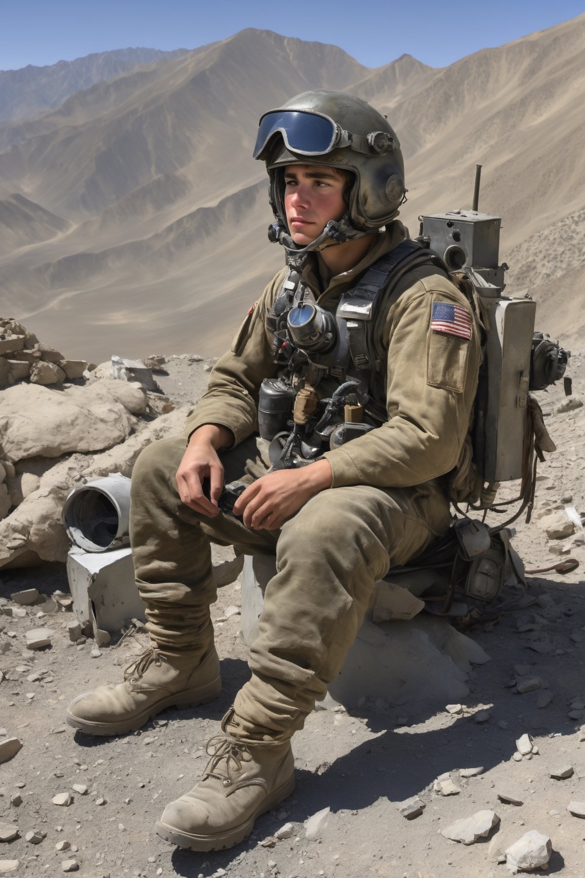 masterpiece,  photo-realistic,  full body, ((A young American Pilot from the War in Afghanistan)), ((Sitting, with his helmet on, and looking at the wreckage of his crashed jet fighter)), burning aircraft wreckage, sad face, in the mountains of Afghanistan, (masterpiece, photorealistic, absurd),