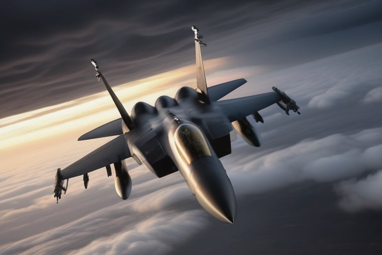 a McDonnell Douglas F-15 Eagle coming out of the clouds, dark and foreboding, Dusk and dynamic lighting.  in the style of  "Barry F Clark", EpicSky