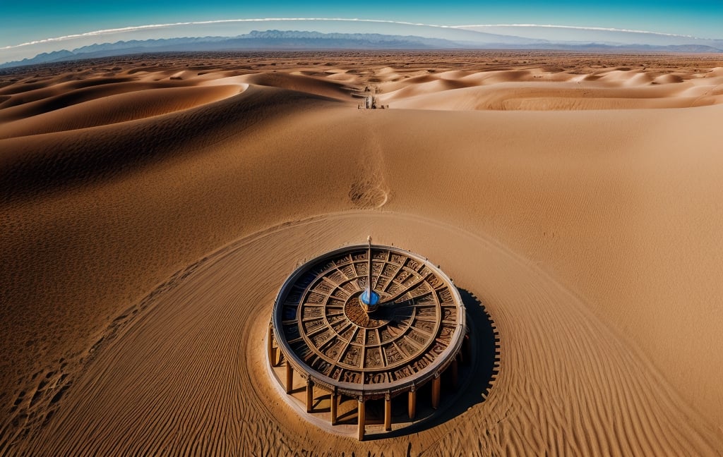 giant sundial , desert background, exotic, elevated, mysterious, marble, metal, palace, sacred,  (((Wallpaper)))((Best quality)), rich colors, (Super high-quality light, masterpiece, super details, panoramic photos: 1.3) 