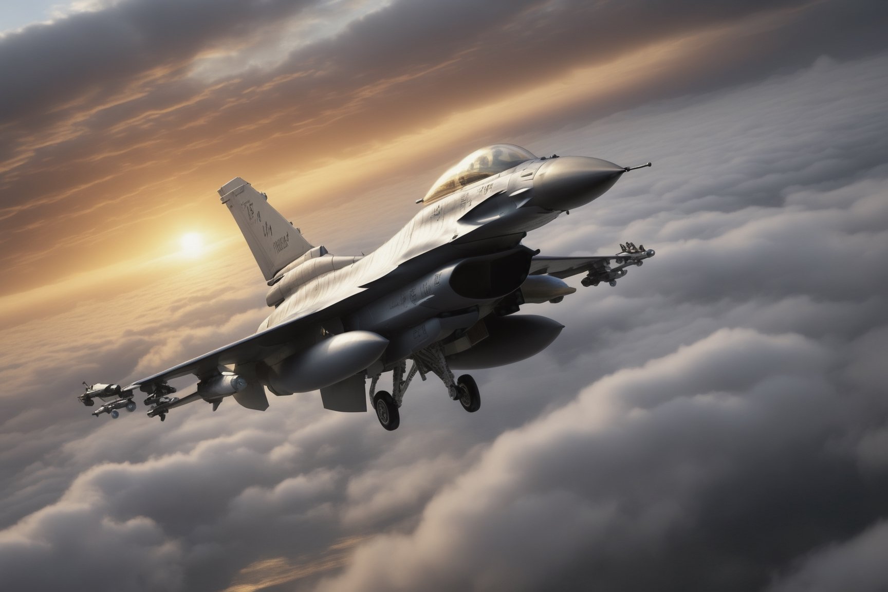 a General Dynamics f-16 coming out of the clouds, dark and foreboding, Dusk and dynamic lighting.  in the style of  "Barry F Clark", EpicSky