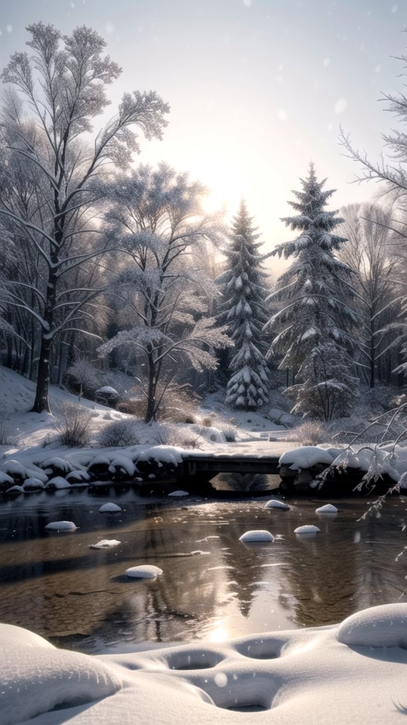 Forest, (season: winter), misty, foggy, gentle snowfall, snow-covered surfaces, serene river flow, crystal-clear ice, rocks, stone, tranquil waterfall, enchanting trees with snow-laden branches, sunrise, masterpiece, best quality, ultra-detailed, "detailed background", perfect shading, high contrast with snowy landscape, best illumination in the soft winter light, extremely detailed, ray tracing, realistic lighting effects. #newyear