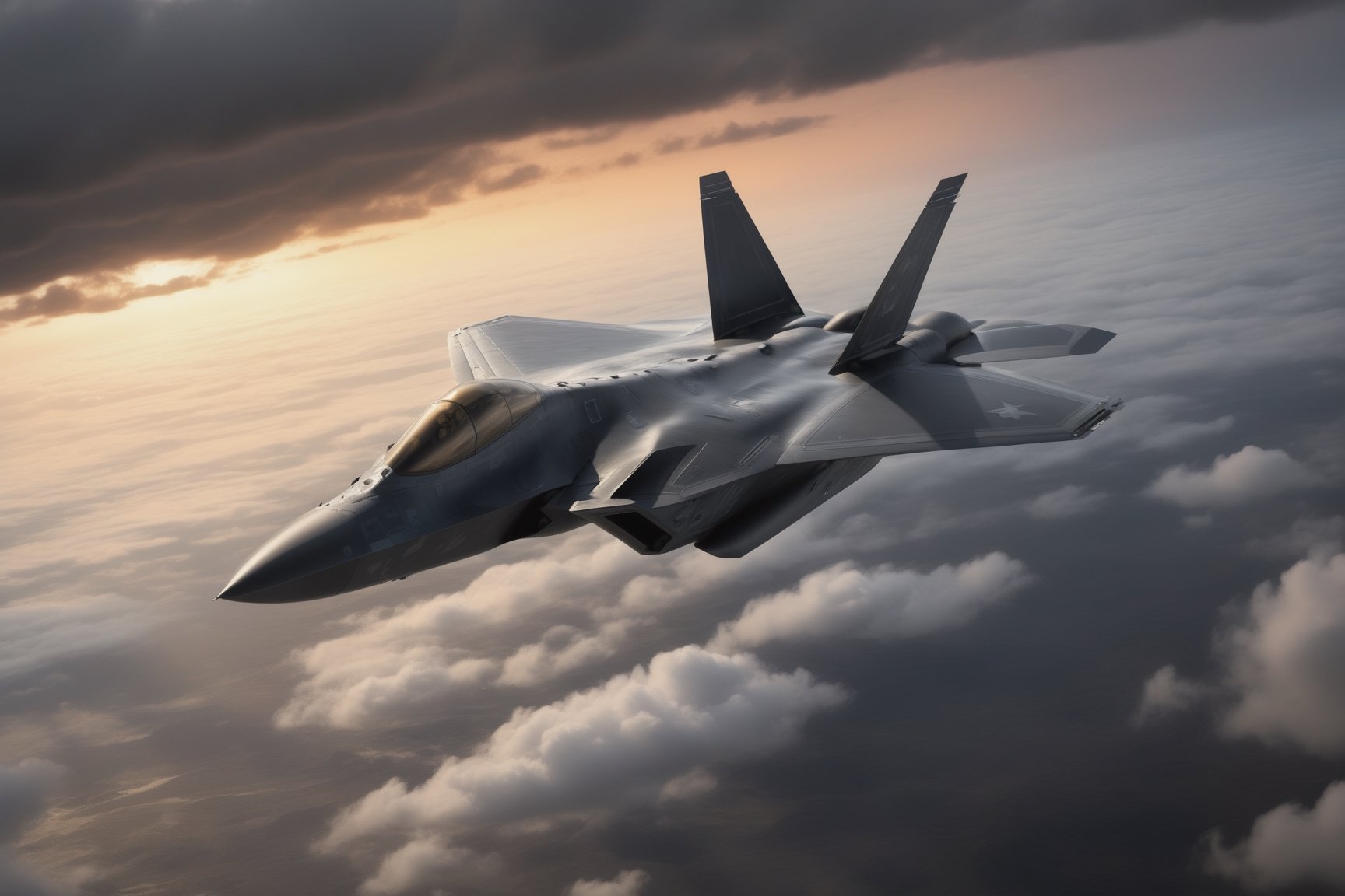 a Lockheed Martin F-22 Raptor coming out of the clouds, dark and foreboding, Dusk and dynamic lighting.  in the style of  "Barry F Clark", EpicSky