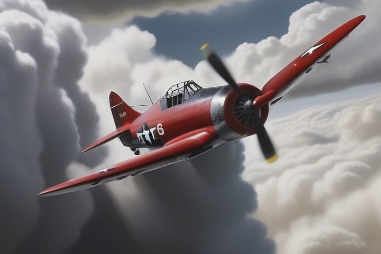 a North American T-6 Texan coming out of the clouds, dark and foreboding, flak explosions in the background.  in the style of  "Barry F Clark"